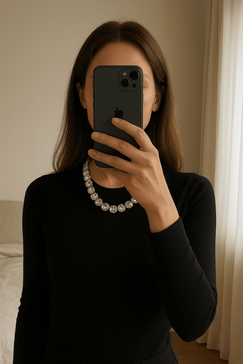 Iced out Kette aufrecht stehend, der Kamera zugewandt, in einem sanft beleuchteten Schlafzimmer, mit natürlichem Licht, das durch ein Fenster fällt.