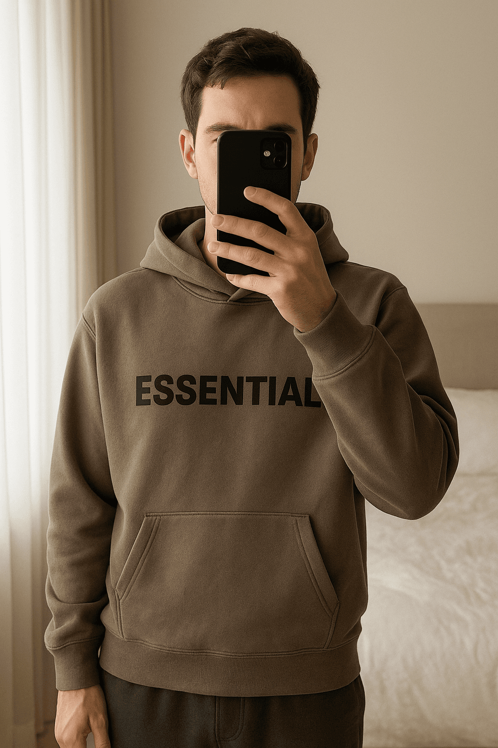 Essentials Hoodie em pé, de frente para a câmera, em um quarto com iluminação suave e luz natural filtrando pela janela.