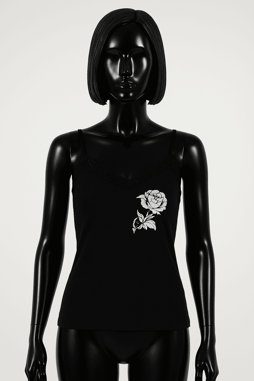 eine glänzende schwarze Kunststoffpuppe ohne Gesichtszüge in Top corto schwarz EMP aufrecht stehend, der Kamera zugewandt, mit schlanker Figur, in einem sauberen Fotostudio mit nahtlosem weißen Hintergrund und Softbox-Beleuchtung.