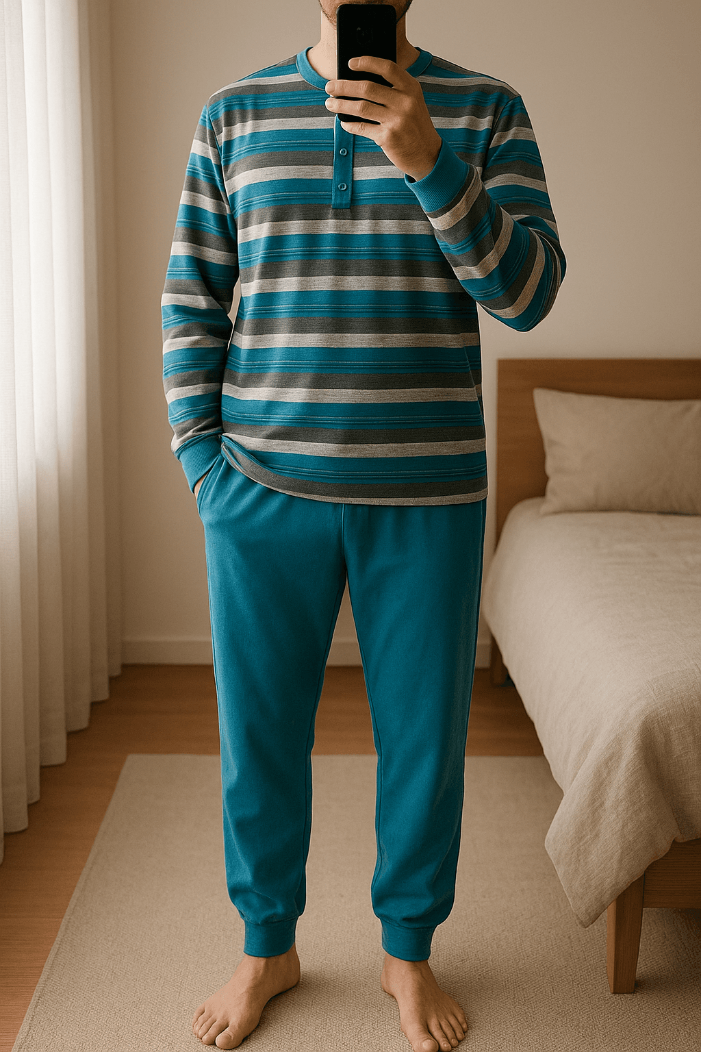 Pijama hombre de pie, mirando a la cámara, en un dormitorio con luz suave y natural filtrándose por la ventana.