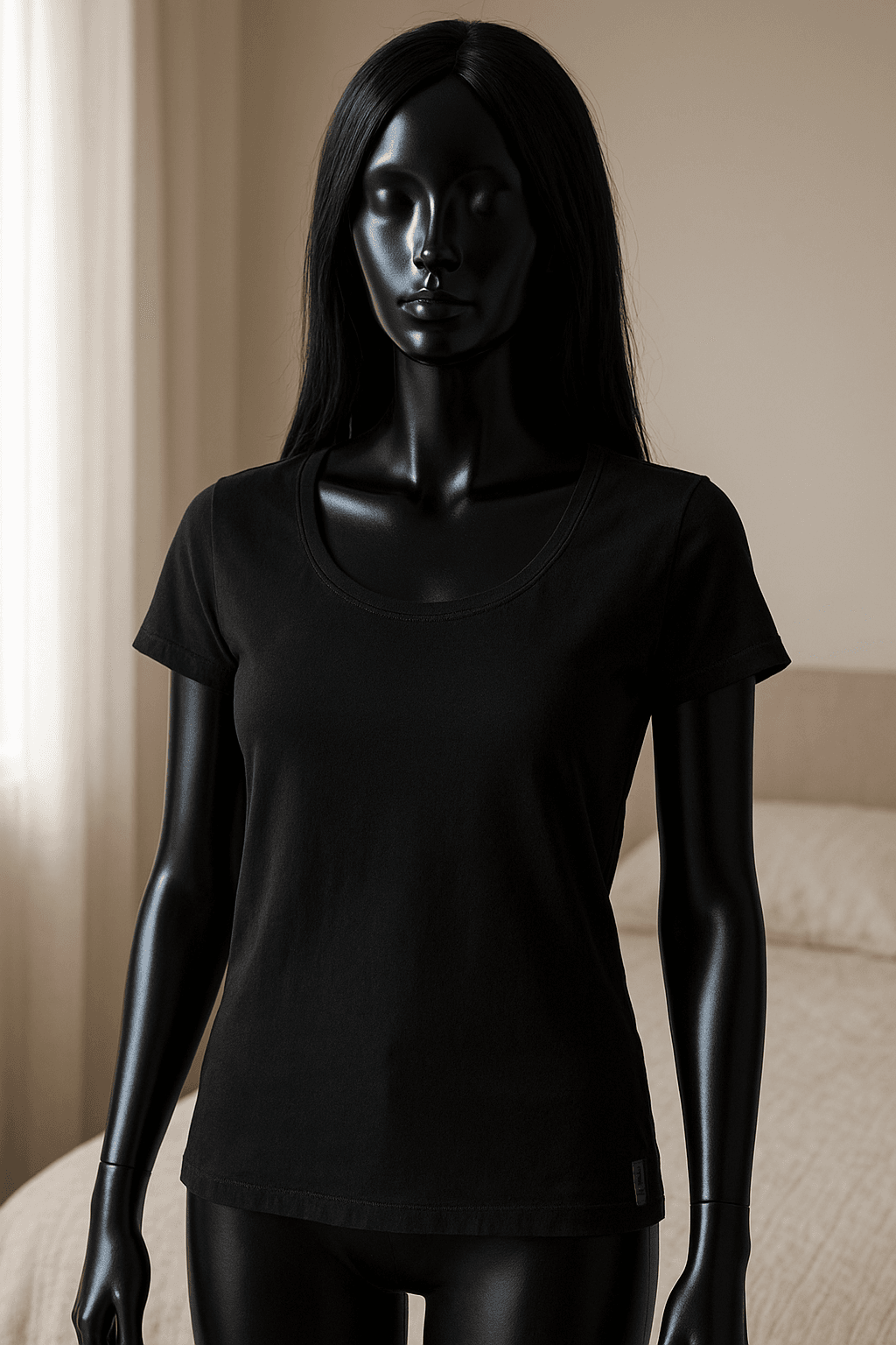 eine glänzende schwarze Kunststoffpuppe ohne Gesichtszüge in T-shirt schwarz EMP aufrecht stehend, der Kamera zugewandt, mit schlanker Figur, in einem sanft beleuchteten Schlafzimmer, mit natürlichem Licht, das durch ein Fenster fällt.