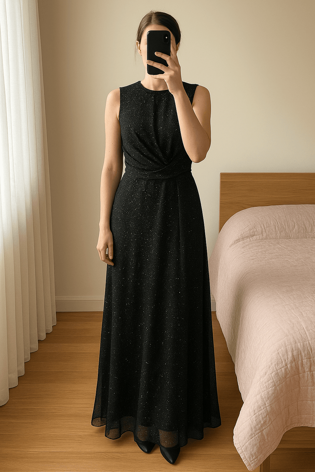 Abend kleid aufrecht stehend, der Kamera zugewandt, in einem sanft beleuchteten Schlafzimmer, mit natürlichem Licht, das durch ein Fenster fällt.