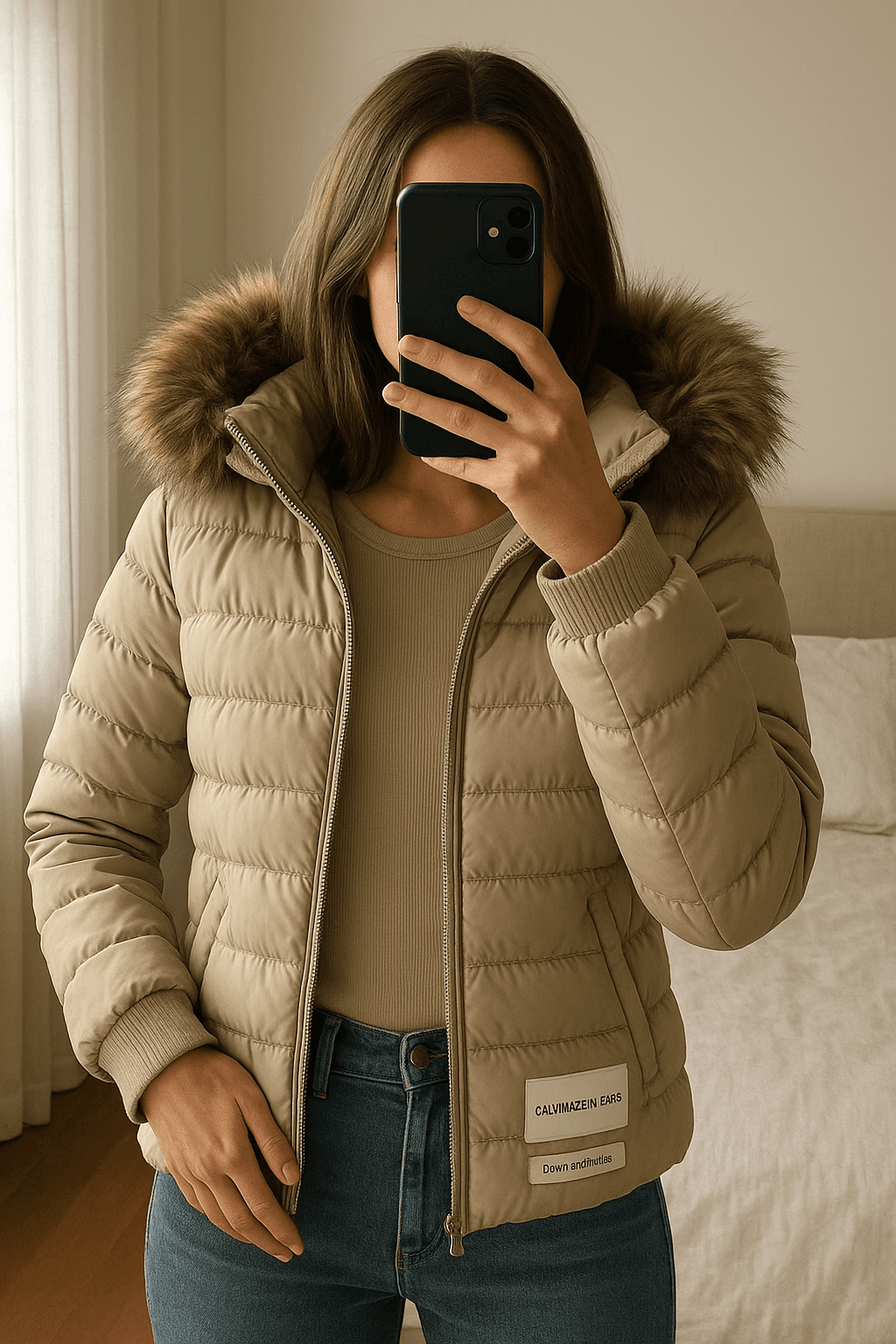 Jacke damen aufrecht stehend, der Kamera zugewandt, in einem sanft beleuchteten Schlafzimmer, mit natürlichem Licht, das durch ein Fenster fällt.