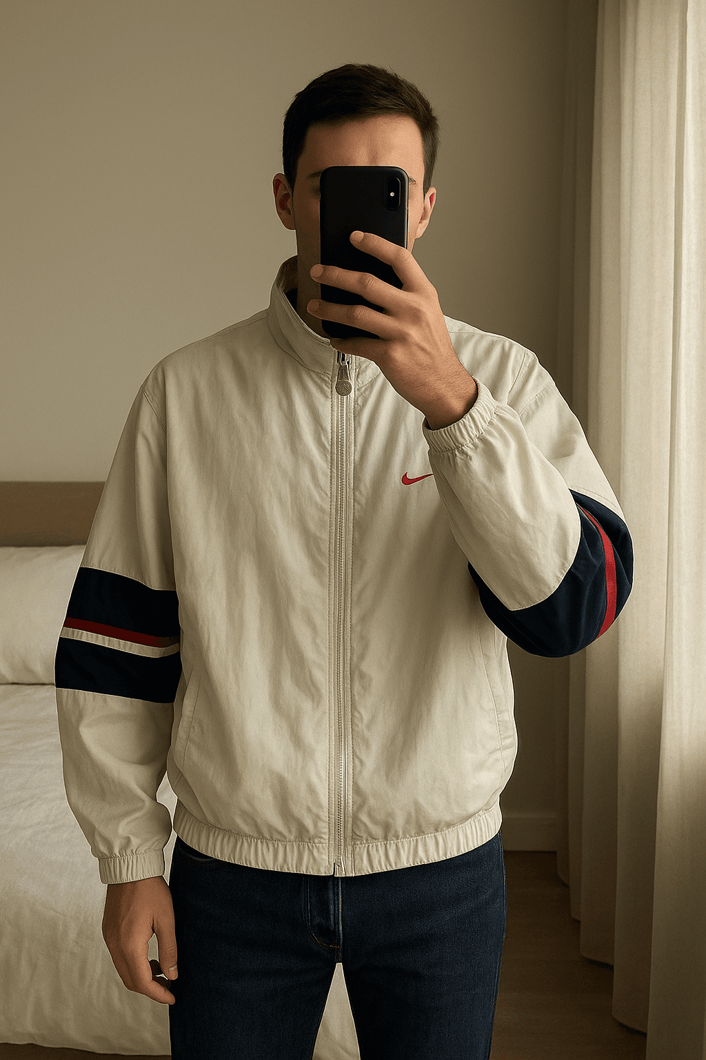 Vintage Nike Y2K Windbreaker Jacket M Retro 90s Streetwear Full Zip White Oversize de pie, mirando a la cámara, en un dormitorio con luz suave y natural filtrándose por la ventana.