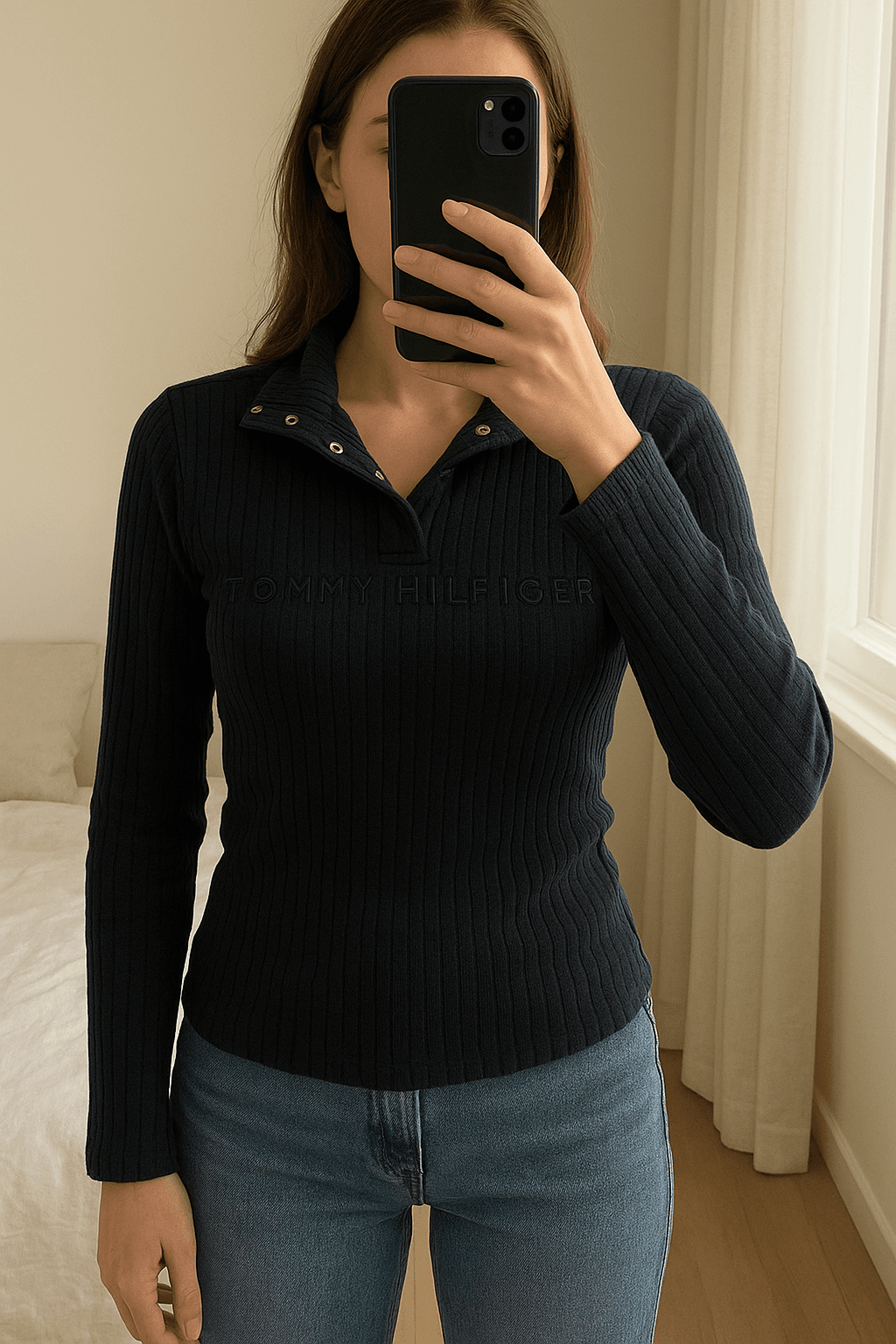 Tommy Hilfiger jumper de pie, mirando a la cámara, en un dormitorio con luz suave y natural filtrándose por la ventana.