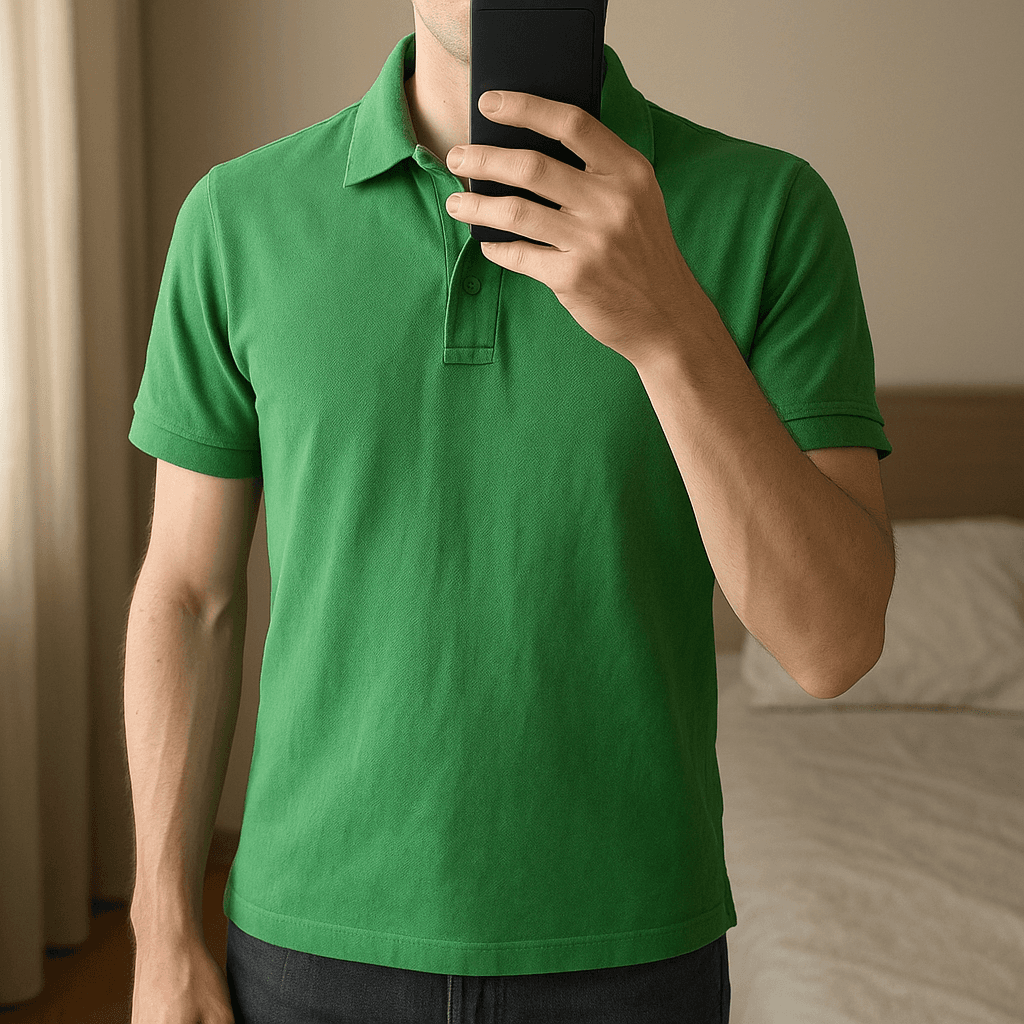 Una persona con Polo verde de pie, mirando a la cámara, con tipo de cuerpo delgado, en un dormitorio con luz suave y natural filtrándose por la ventana.