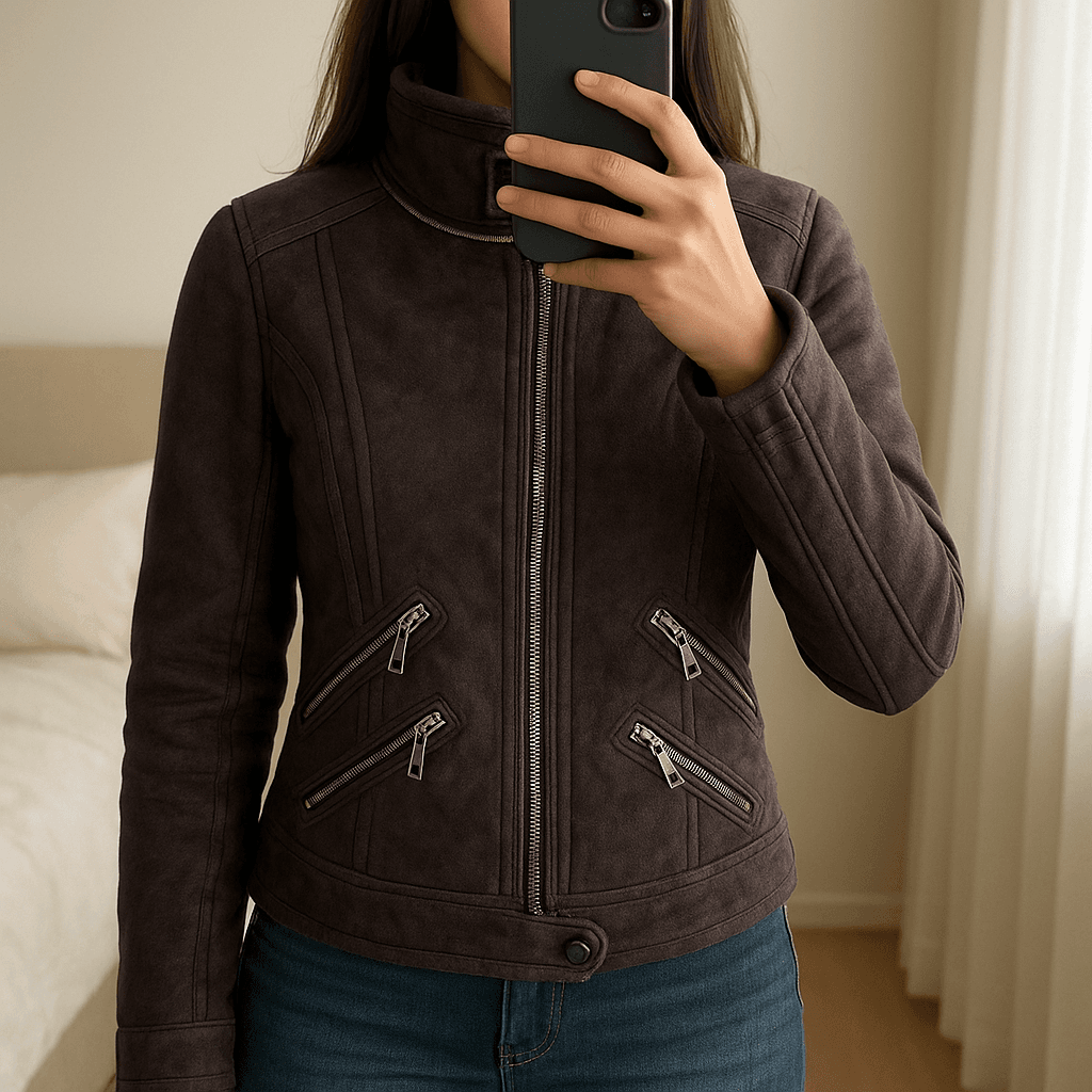 Casaco da pull & bear em pé, de frente para a câmera, em um quarto com iluminação suave e luz natural filtrando pela janela.