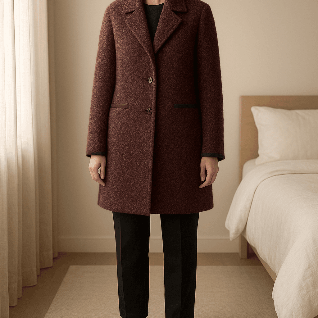 Sobretudo da Cortefiel em pé, de frente para a câmera, em um quarto com iluminação suave e luz natural filtrando pela janela.