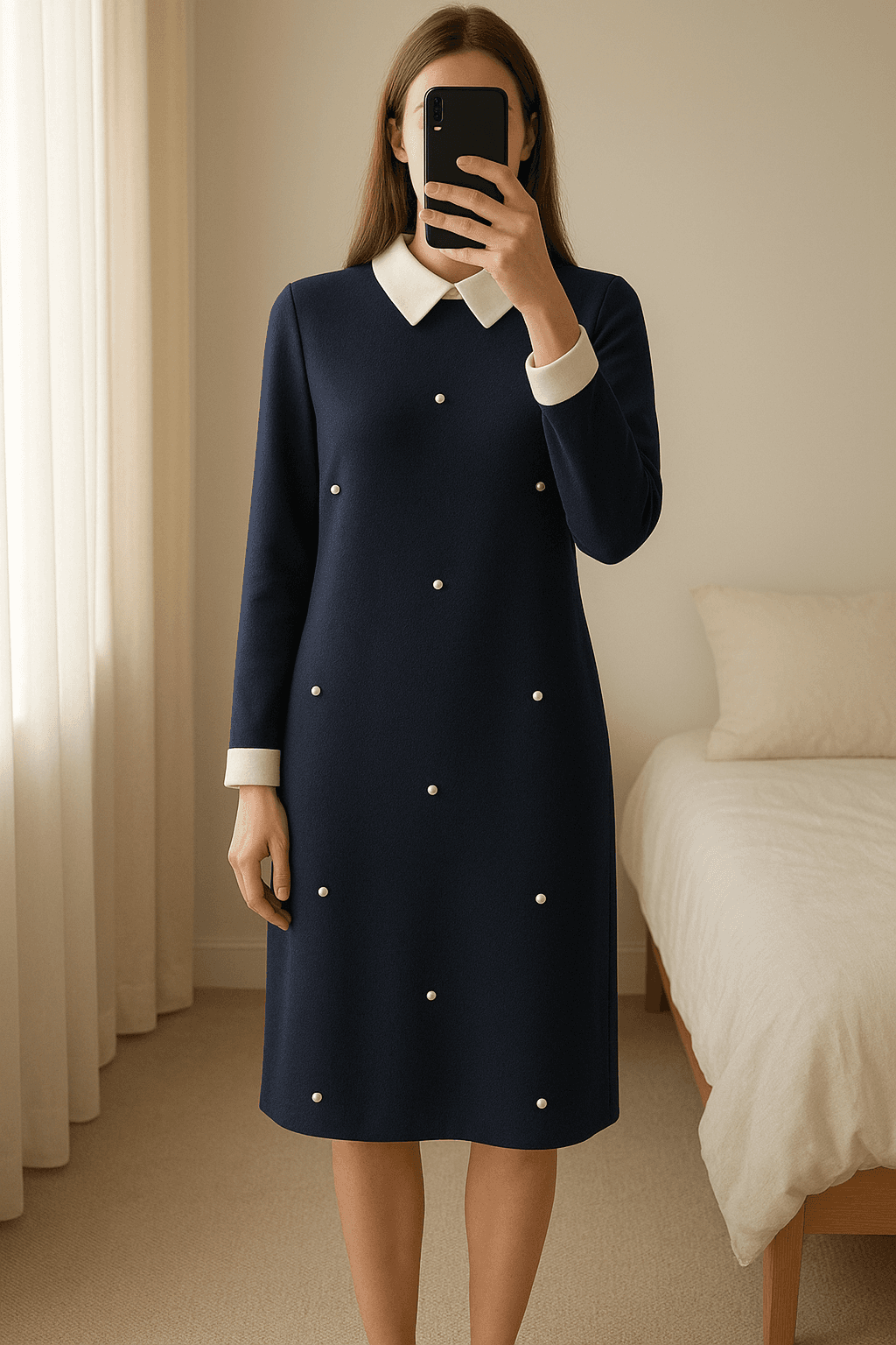 Vestido azul marino con perlas por las rodillas de pie, mirando a la cámara, en un dormitorio con luz suave y natural filtrándose por la ventana.