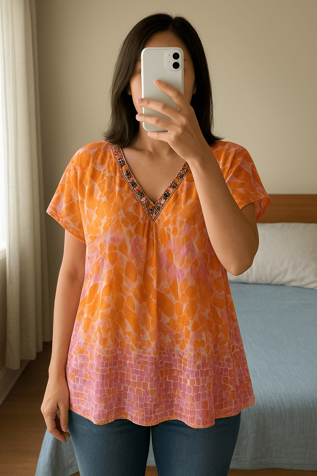 🌺 Bunte, transparente Tunika / Strandkleid 🌺 aufrecht stehend, der Kamera zugewandt, in einem sanft beleuchteten Schlafzimmer, mit natürlichem Licht, das durch ein Fenster fällt.