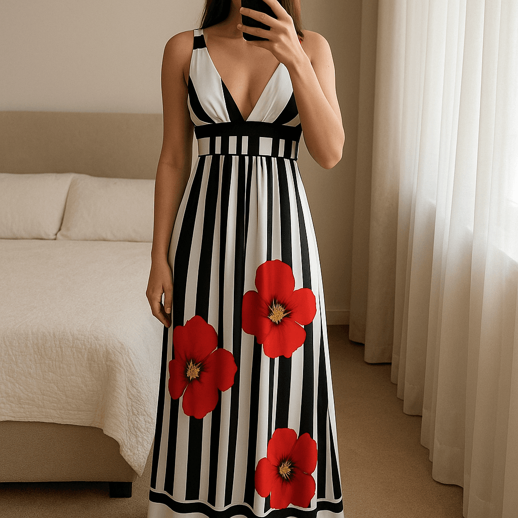 Macacão de alsas em pé, de frente para a câmera, em um quarto com iluminação suave e luz natural filtrando pela janela.