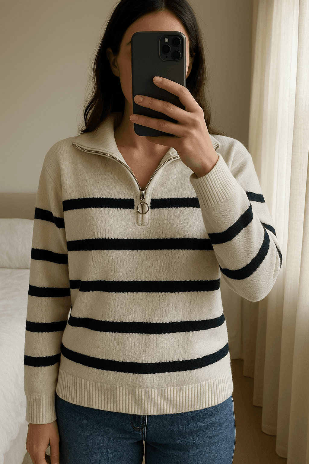 Jersey rayas Zara de pie, mirando a la cámara, en un dormitorio con luz suave y natural filtrándose por la ventana.