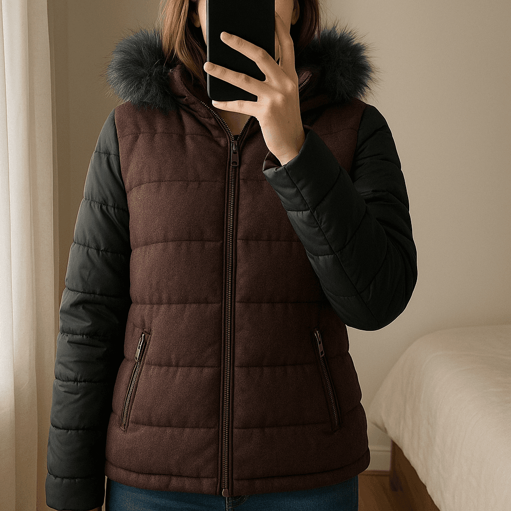 Blusão da Stradivarius em pé, de frente para a câmera, em um quarto com iluminação suave e luz natural filtrando pela janela.