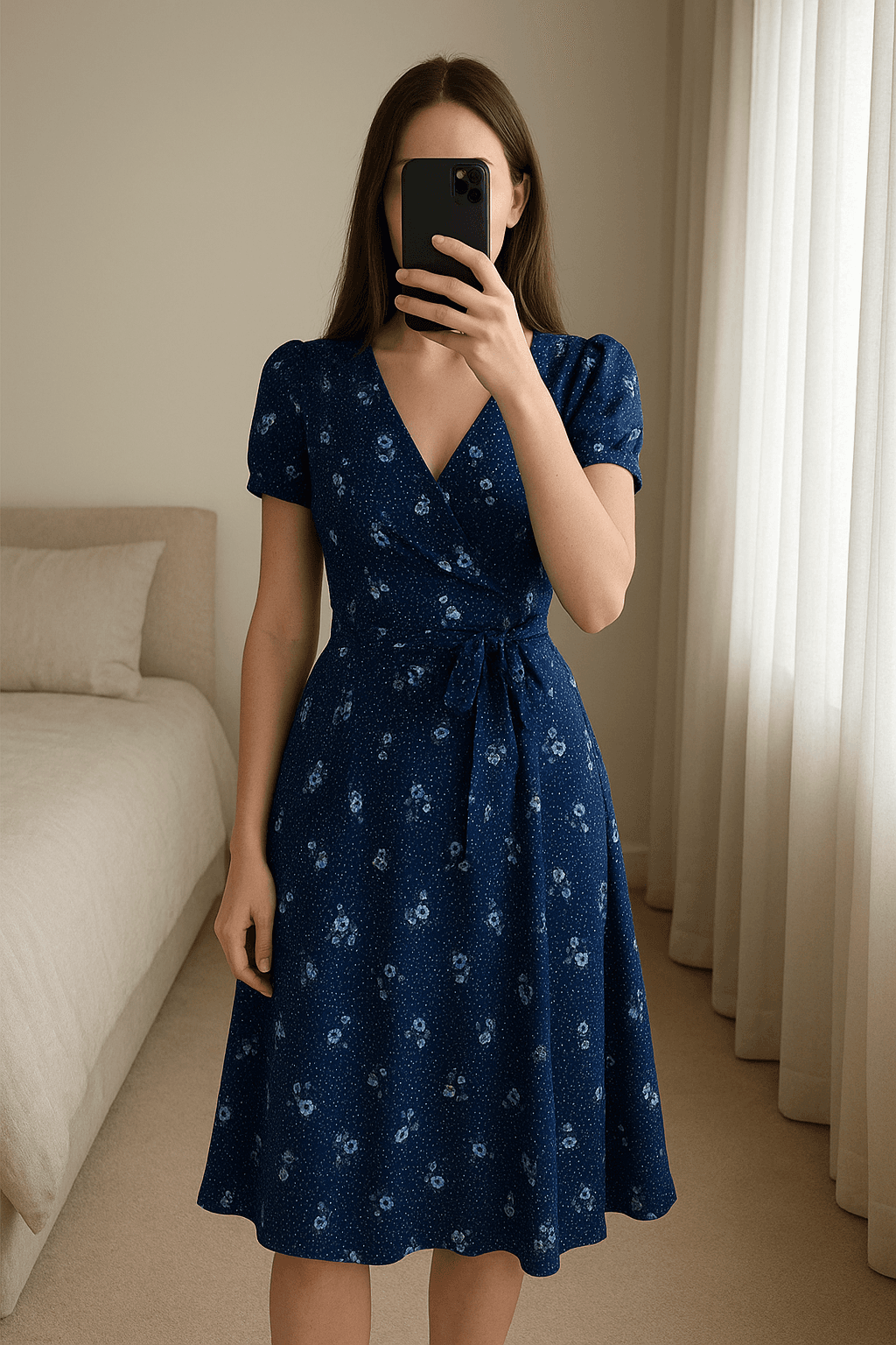 Jolie Robe midi marine à fleurs T36 /S neuve aufrecht stehend, der Kamera zugewandt, in einem sanft beleuchteten Schlafzimmer, mit natürlichem Licht, das durch ein Fenster fällt.
