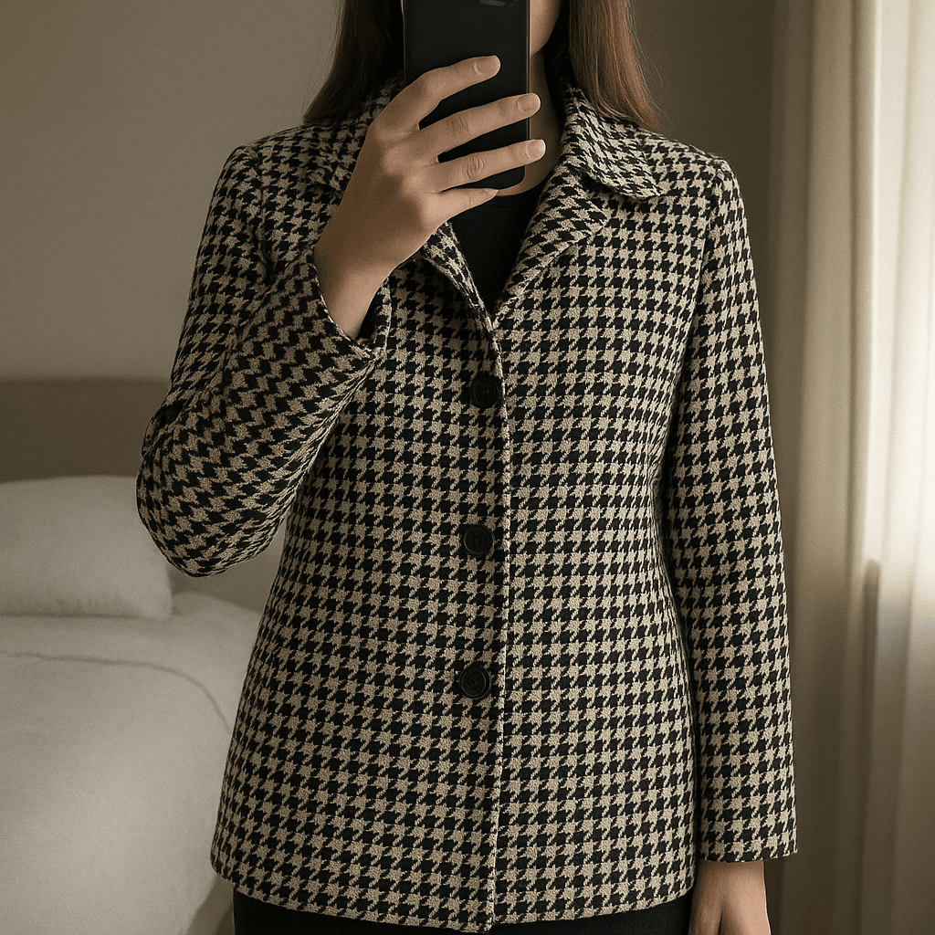 Sobretudo da Stradivarius em pé, de frente para a câmera, em um quarto com iluminação suave e luz natural filtrando pela janela.