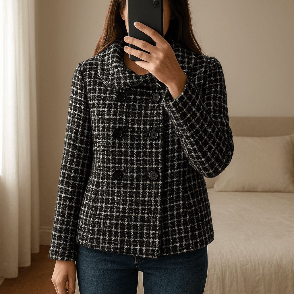 Casaco da Zara em pé, de frente para a câmera, em um quarto com iluminação suave e luz natural filtrando pela janela.