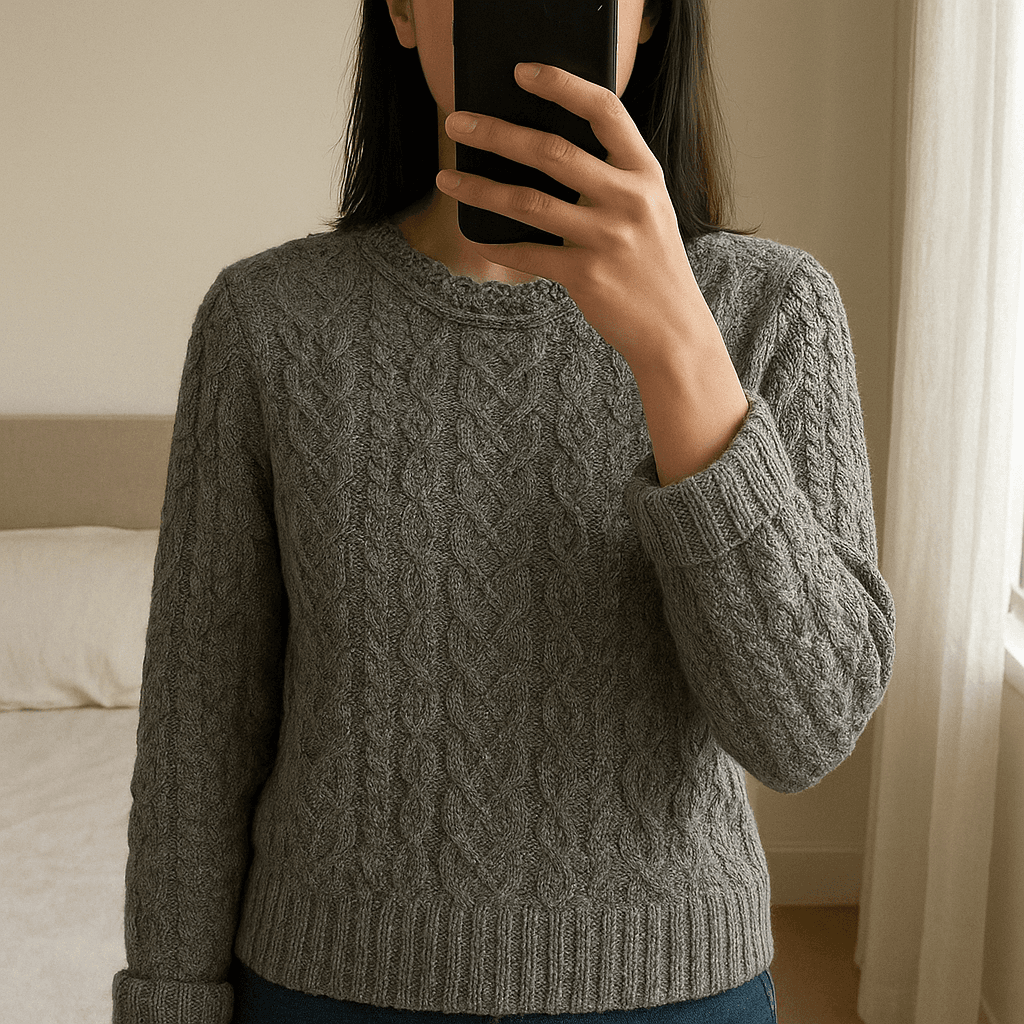 Camisola de malha da Ferrache em pé, de frente para a câmera, em um quarto com iluminação suave e luz natural filtrando pela janela.