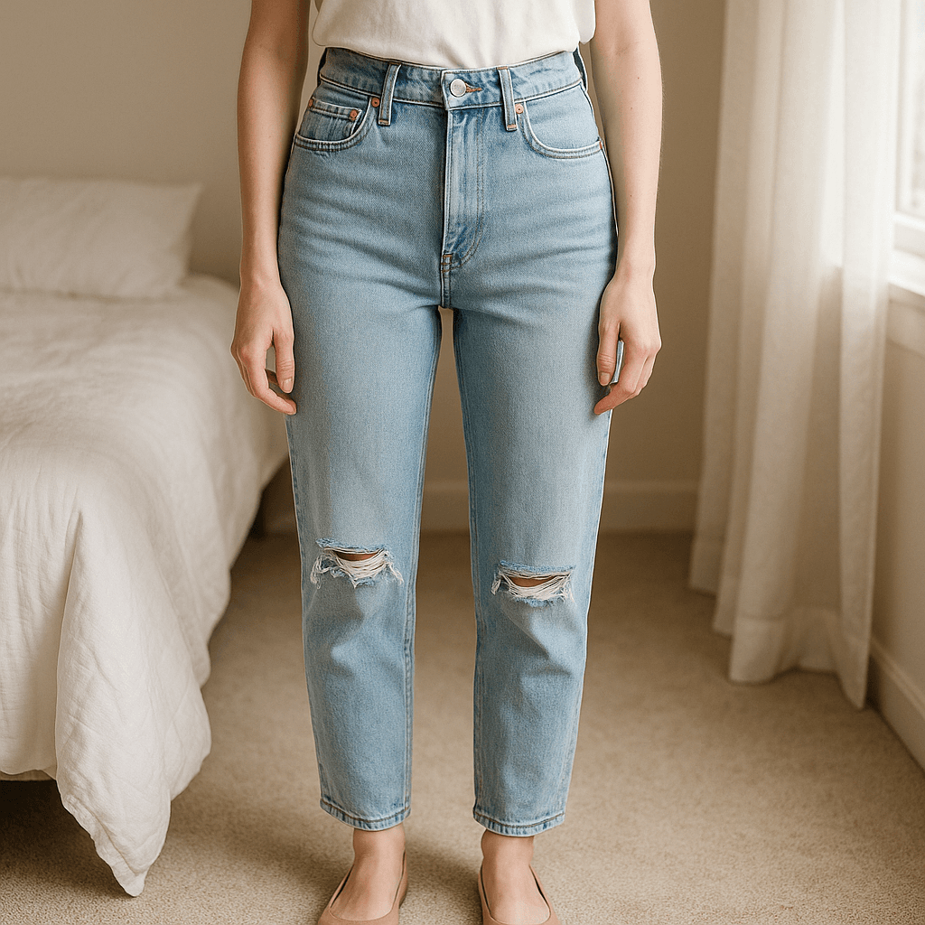 Una persona con Vaqueros Stradivarius rodillas rotas de pie, mirando a la cámara, con tipo de cuerpo delgado, en un dormitorio con luz suave y natural filtrándose por la ventana.