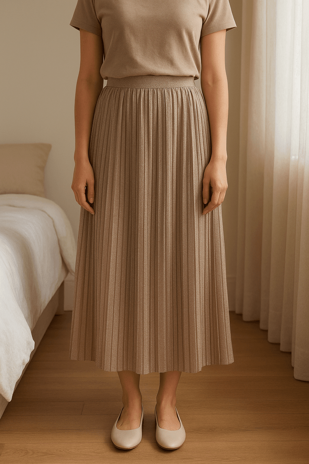 jupe falda skirt metallisée soirée fiesta cocktails HandM 40 de pie, mirando a la cámara, en un dormitorio con luz suave y natural filtrándose por la ventana.