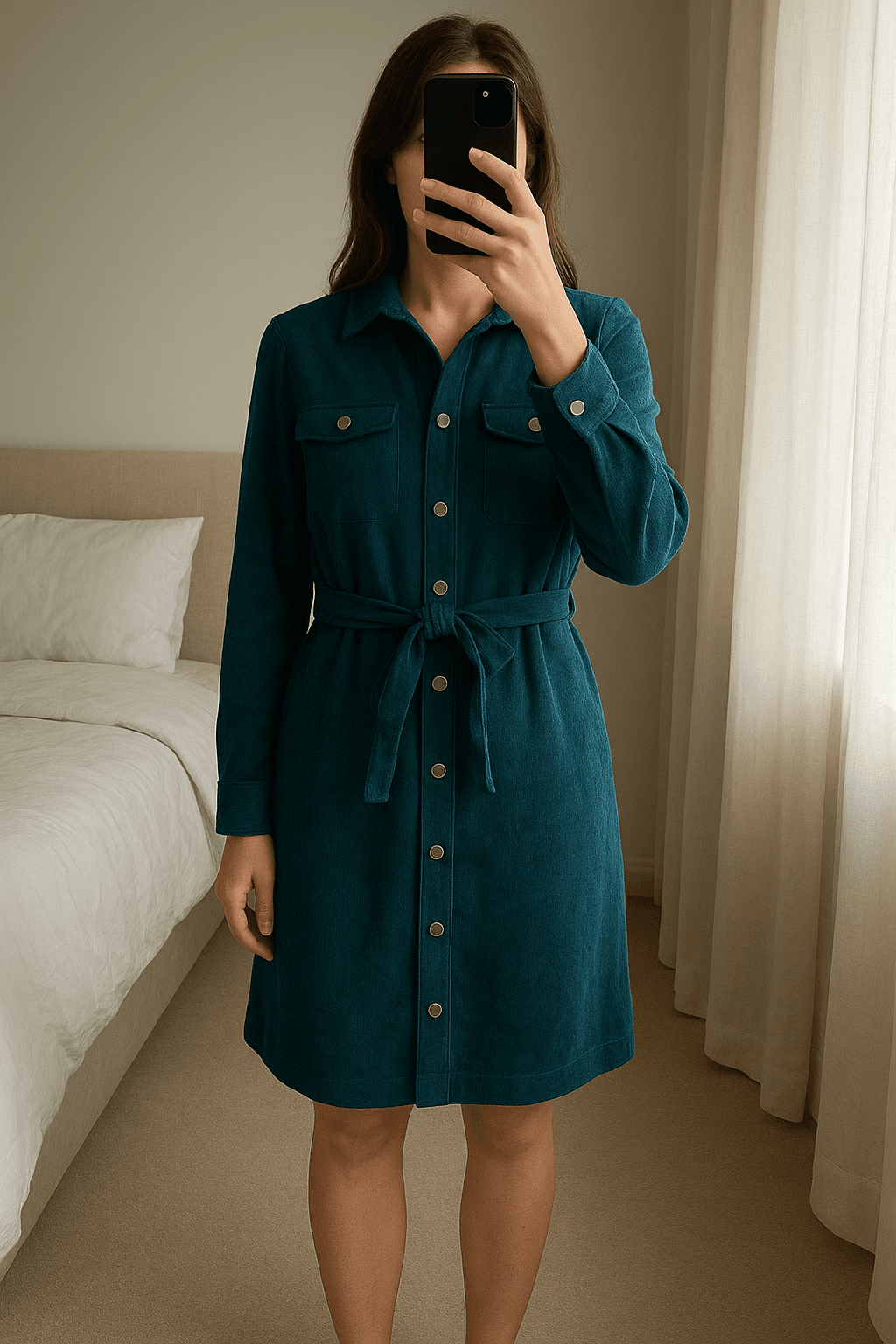 Vestido azul pana fina con cinturón de pie, mirando a la cámara, en un dormitorio con luz suave y natural filtrándose por la ventana.