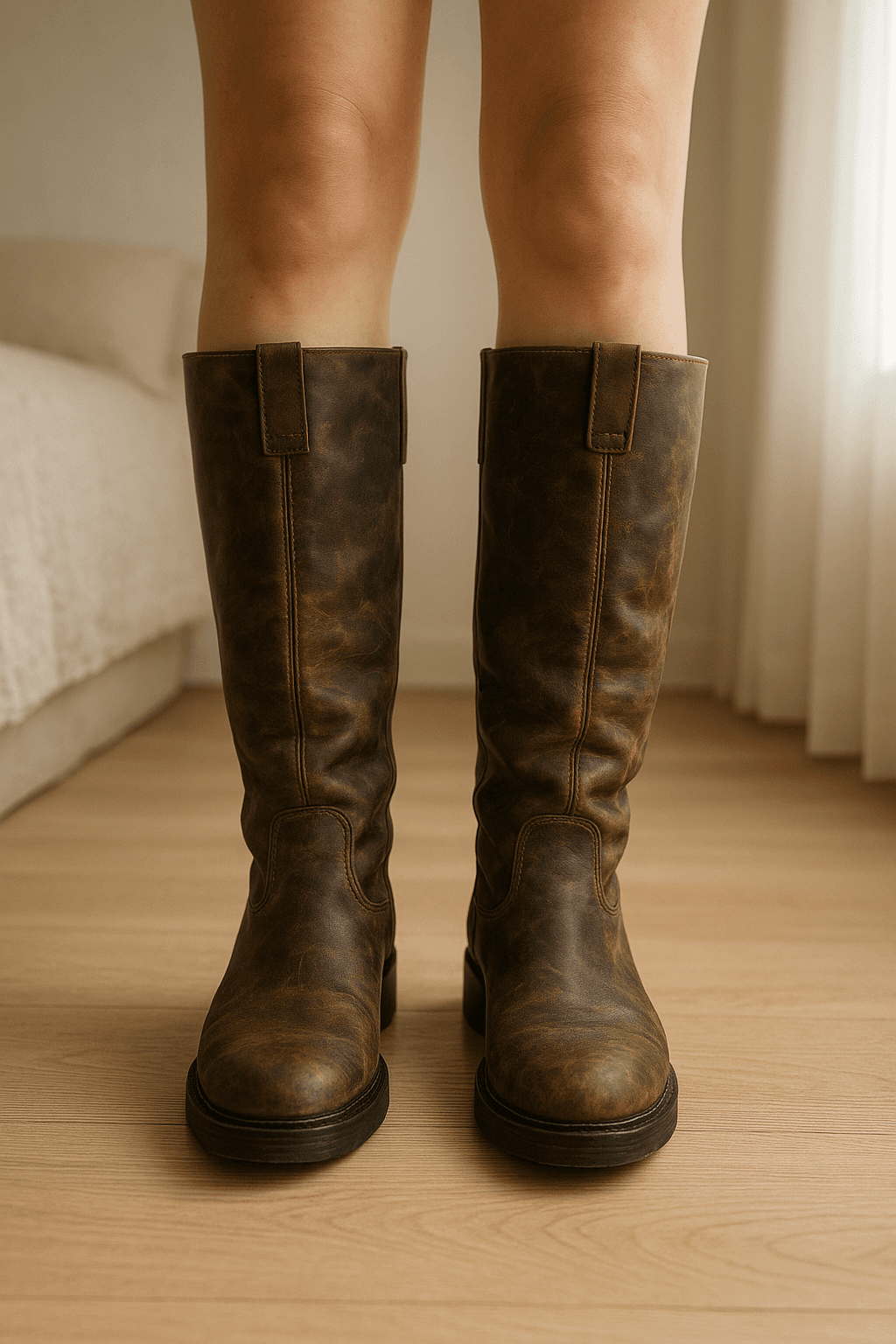 Superbes bottes en cuir huilé marron Massimo Dutti em pé, de frente para a câmera, em um quarto com iluminação suave e luz natural filtrando pela janela.