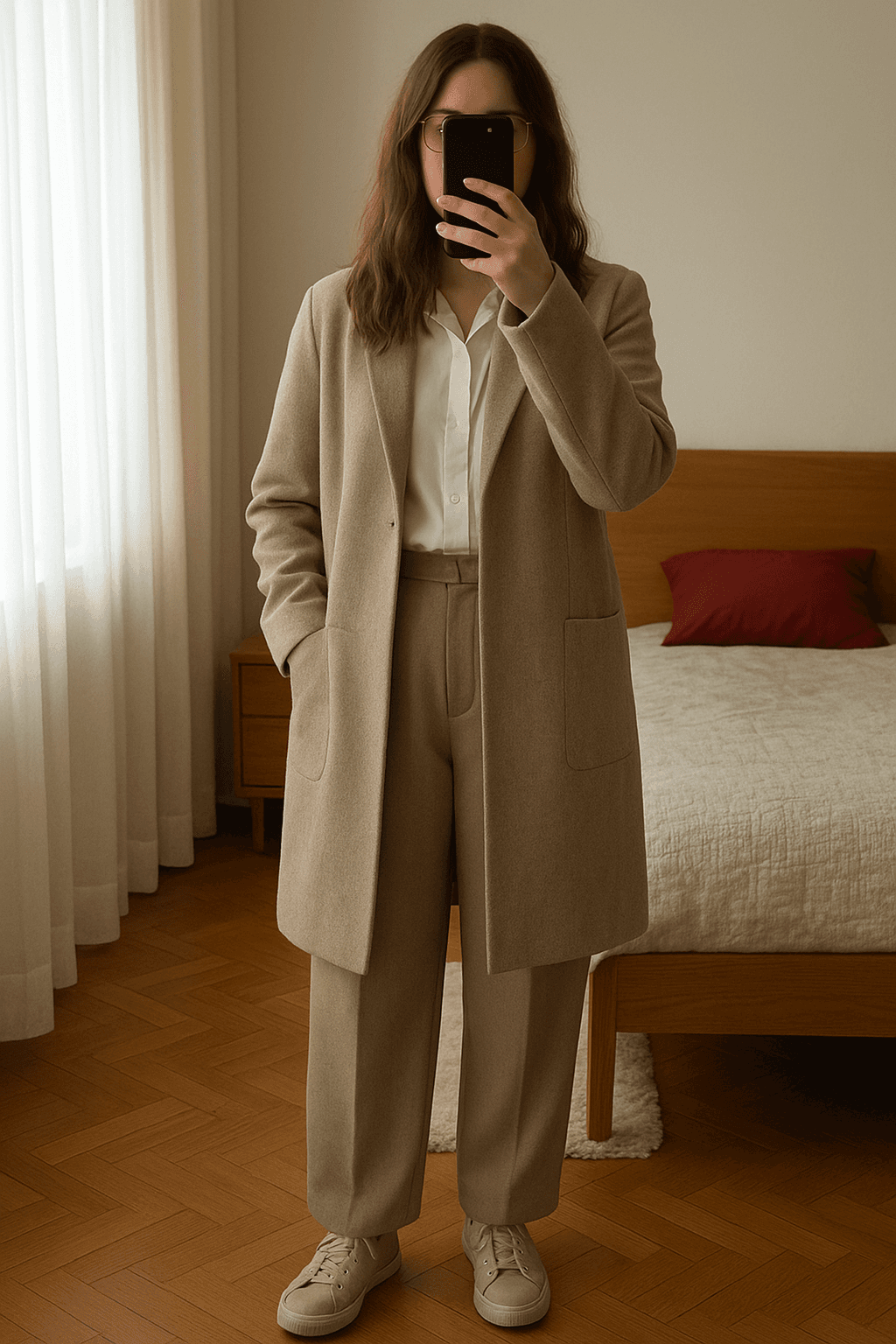 Sobretudo cinza em pé, de frente para a câmera, em um quarto com iluminação suave e luz natural filtrando pela janela.