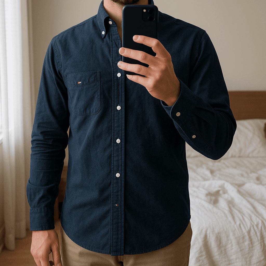 Camisa hombre Tommy Hilfiger de pie, mirando a la cámara, en un dormitorio con luz suave y natural filtrándose por la ventana.