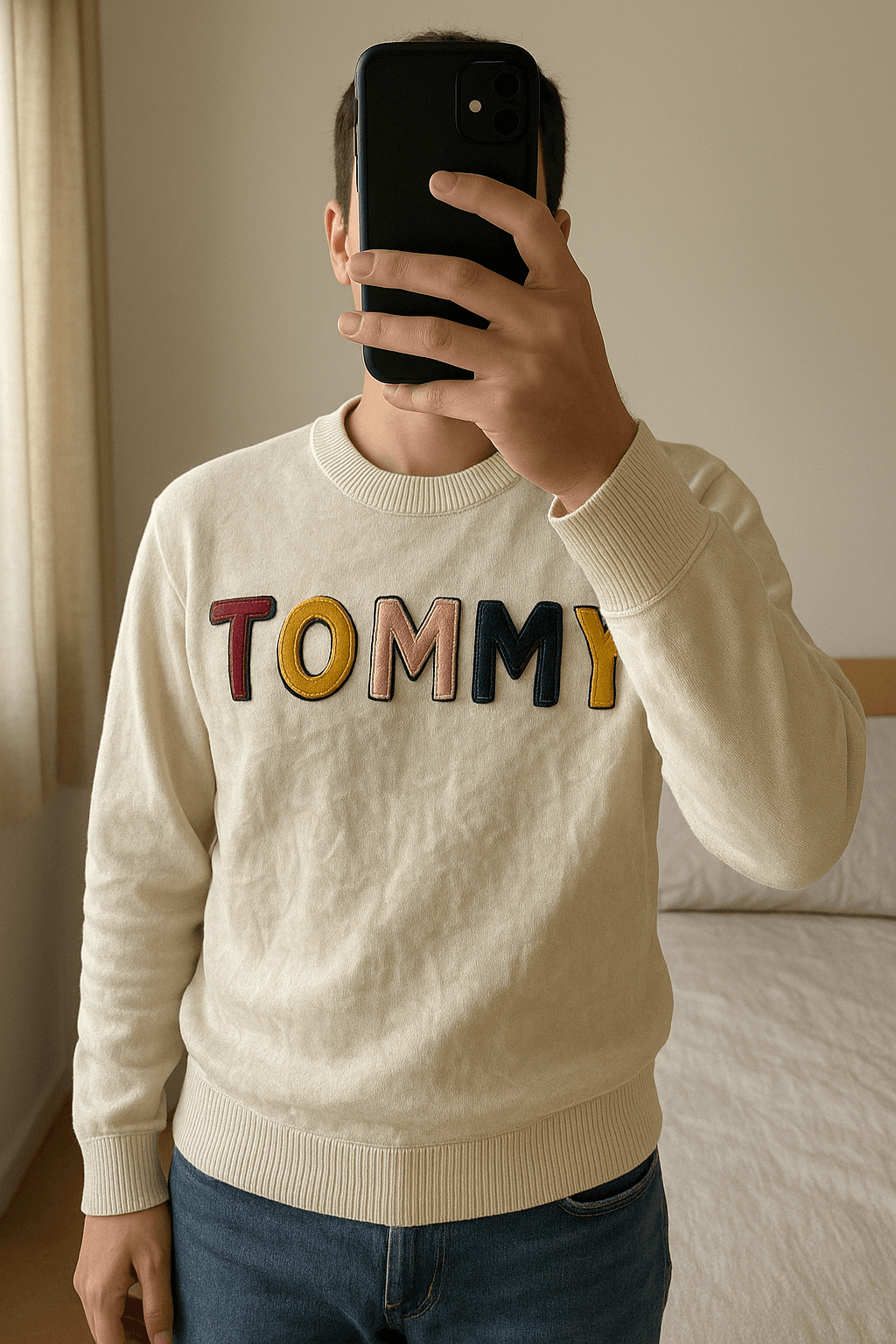 Tommy Hilfiger jumpers de pie, mirando a la cámara, en un dormitorio con luz suave y natural filtrándose por la ventana.