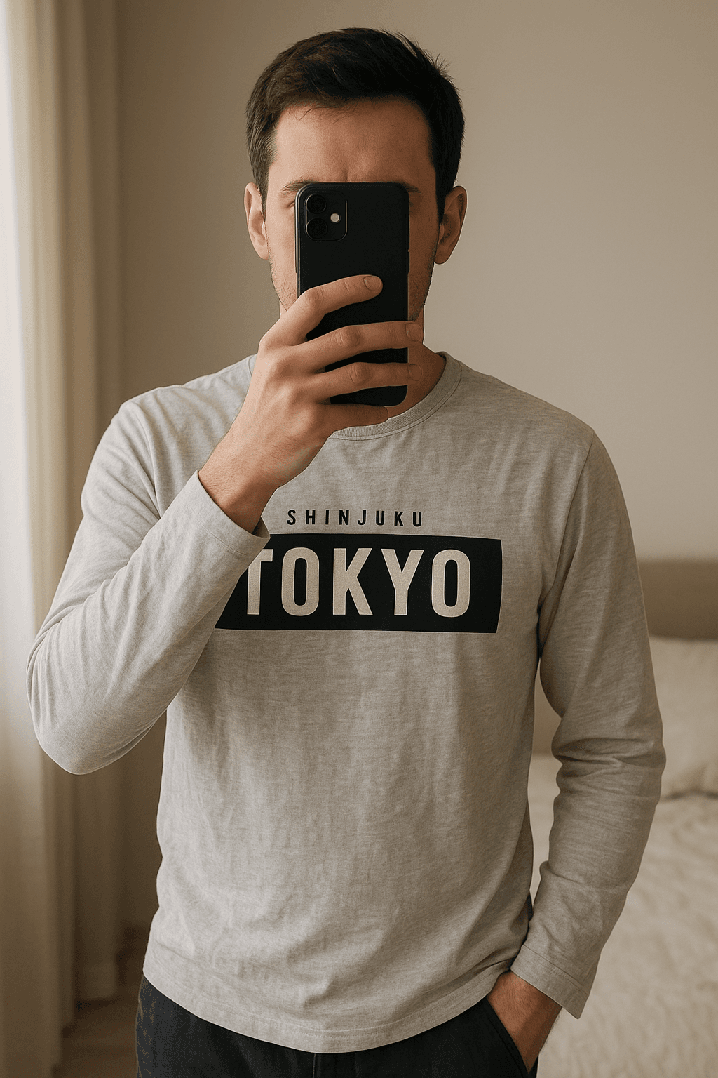 Una persona con Pijama hombre primark arqueando ligeramente la espalda para una pose dinámica, en un dormitorio con luz suave y natural filtrándose por la ventana.