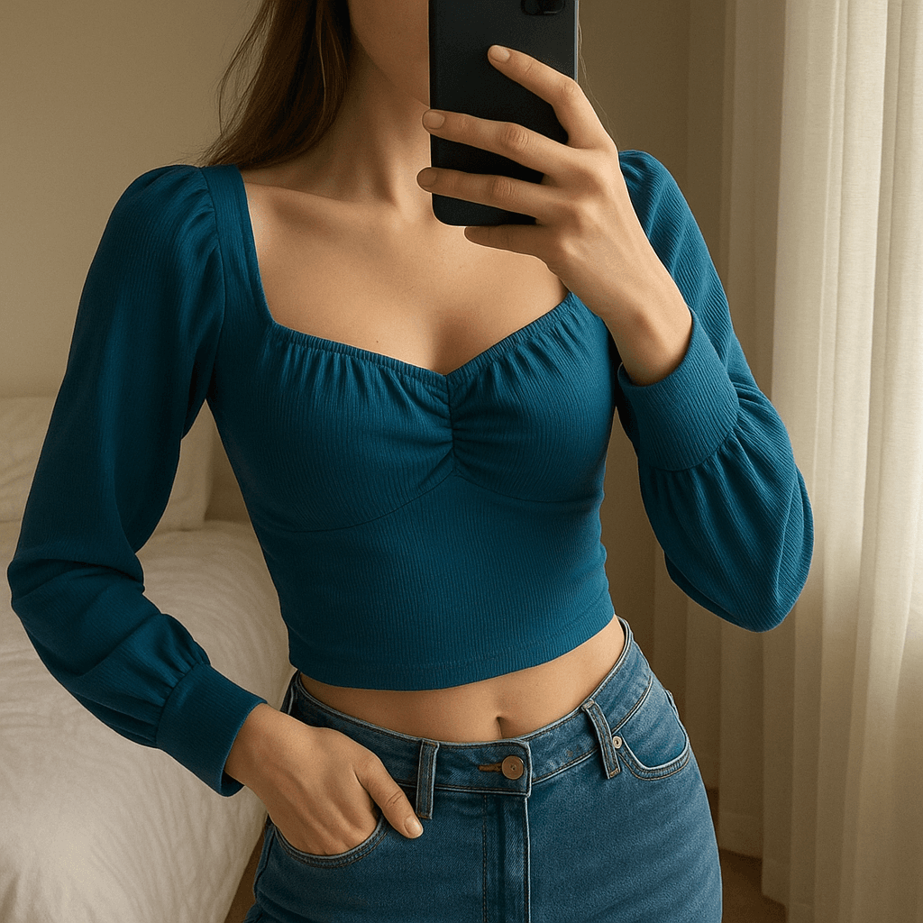 Una persona con Top corto azul arqueando ligeramente la espalda para una pose dinámica, con tipo de cuerpo delgado, en un dormitorio con luz suave y natural filtrándose por la ventana.