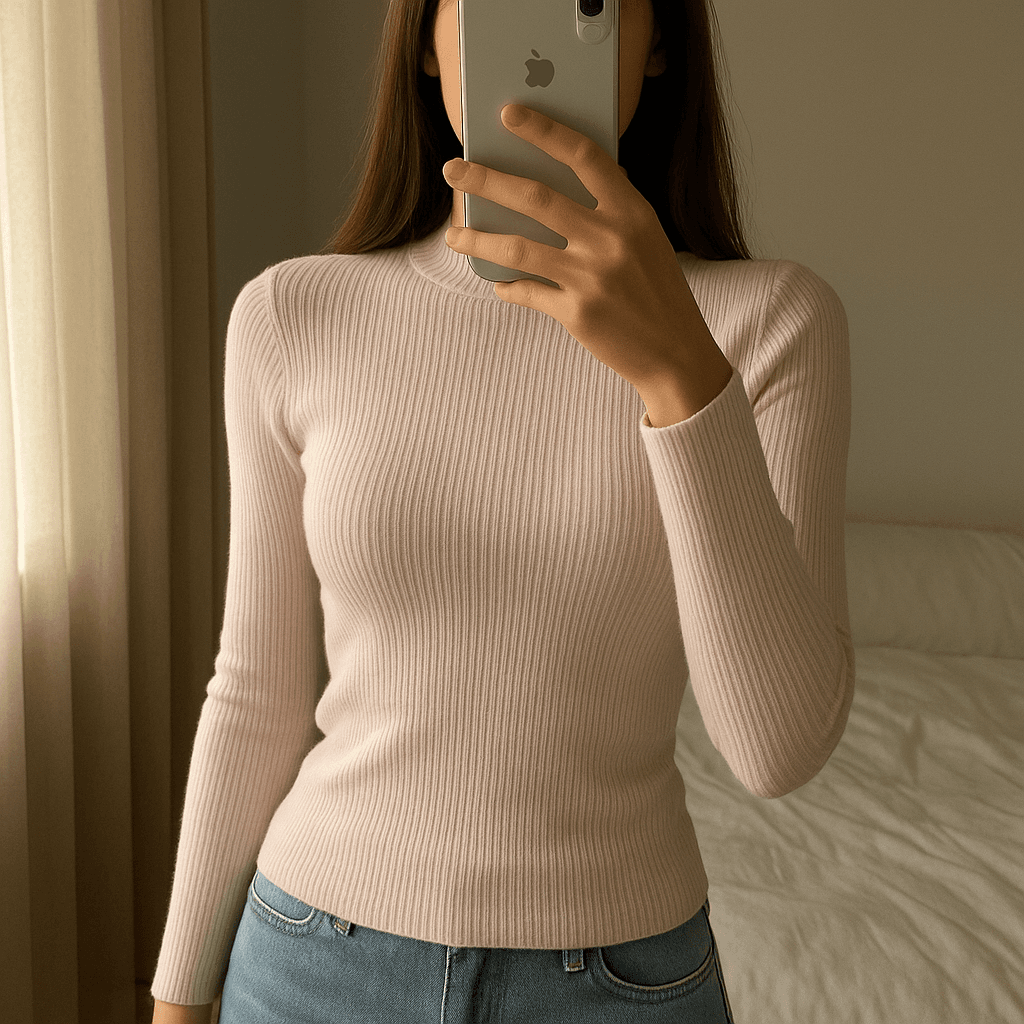 Una persona con Jersey básico rosa palo arqueando ligeramente la espalda para una pose dinámica, con tipo de cuerpo delgado, en un dormitorio con luz suave y natural filtrándose por la ventana.