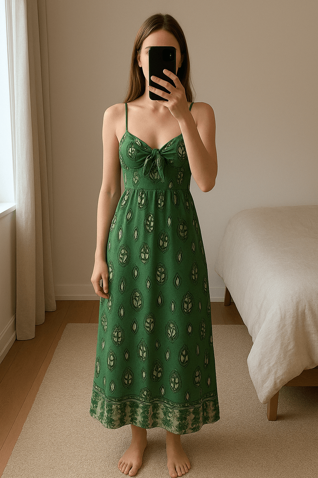 vestido dress robe largo italy 38 de pie, mirando a la cámara, en un dormitorio con luz suave y natural filtrándose por la ventana.