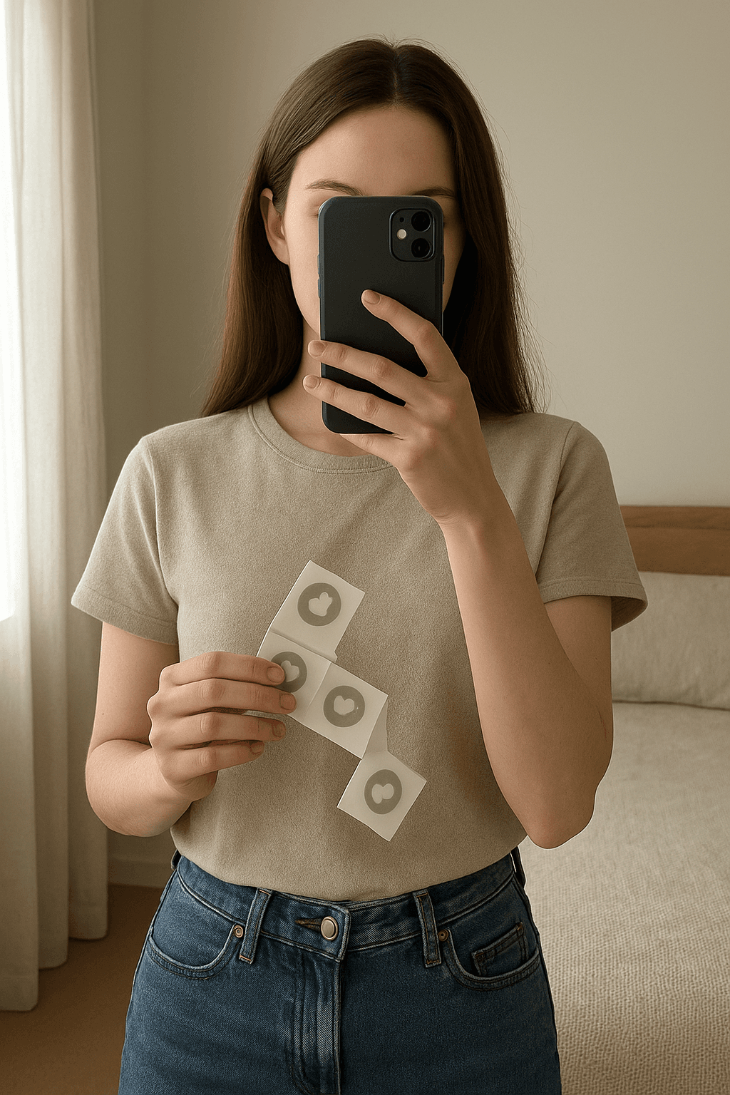 20x NFC Sticker – Neu, Selbstklebend & Programmierbar für Smart Home & Alltag aufrecht stehend, der Kamera zugewandt, in einem sanft beleuchteten Schlafzimmer, mit natürlichem Licht, das durch ein Fenster fällt.