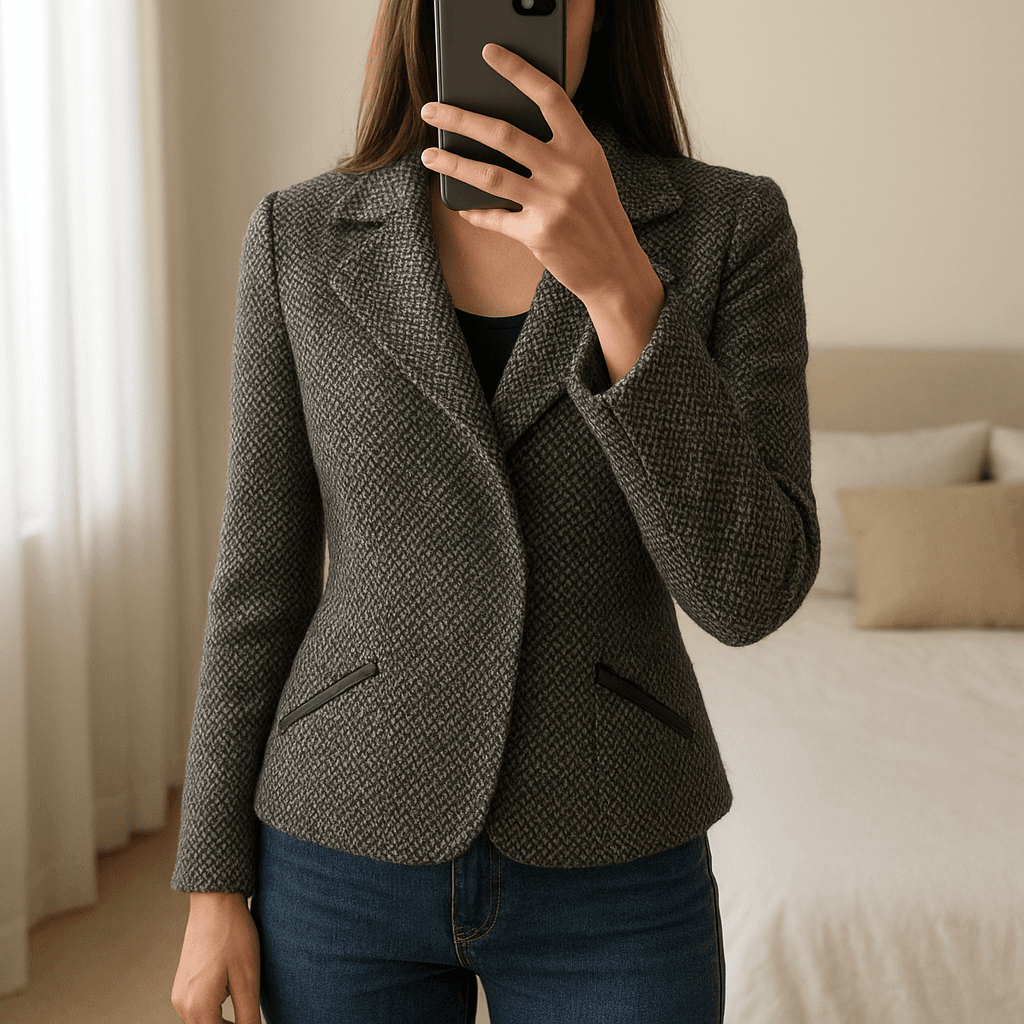 Blazer da Zara em pé, de frente para a câmera, em um quarto com iluminação suave e luz natural filtrando pela janela.