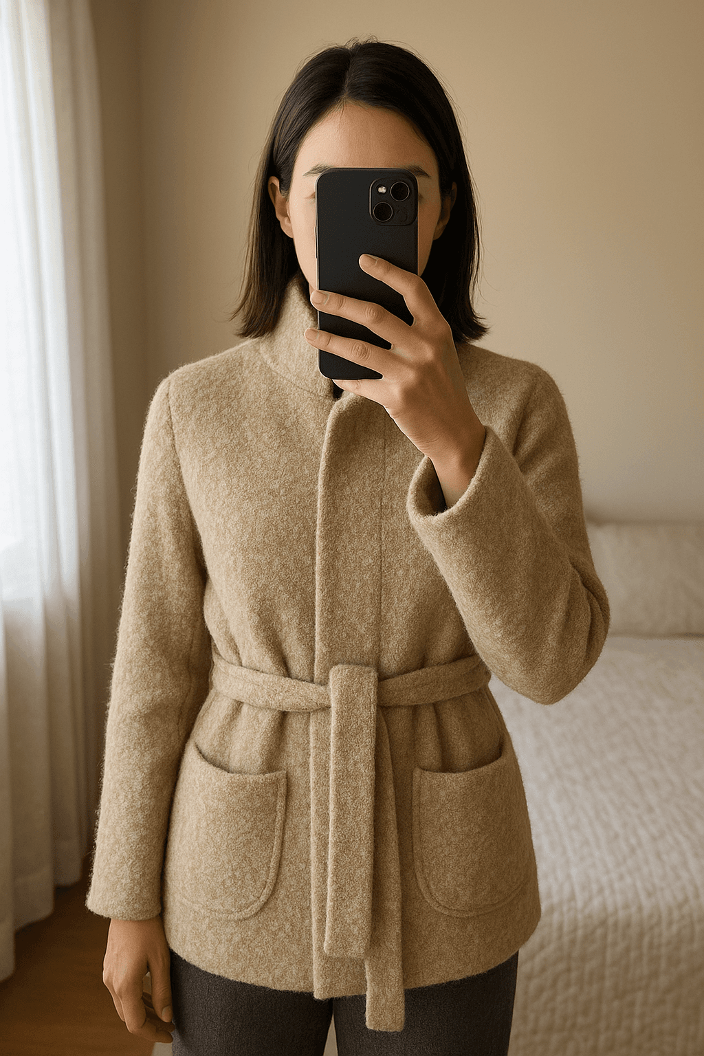 Sobretudo Ganni 45% lã em pé, de frente para a câmera, em um quarto com iluminação suave e luz natural filtrando pela janela.