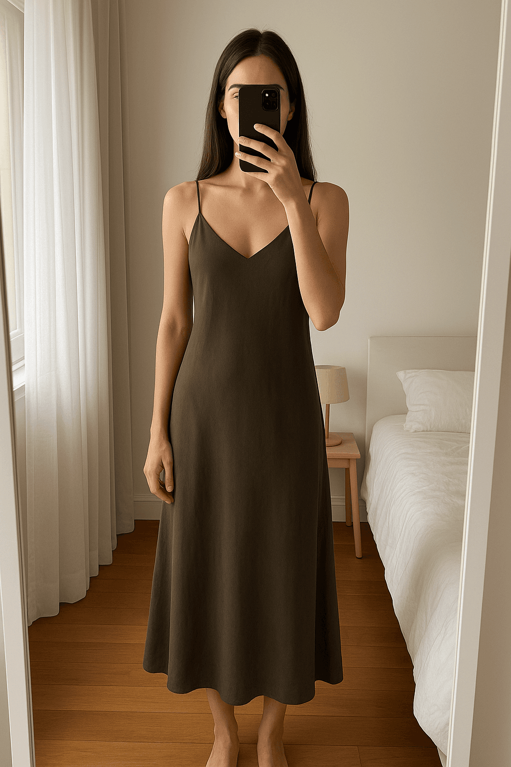 vestido dress robe longue style satin fiesta 38 de pie, mirando a la cámara, en un dormitorio con luz suave y natural filtrándose por la ventana.