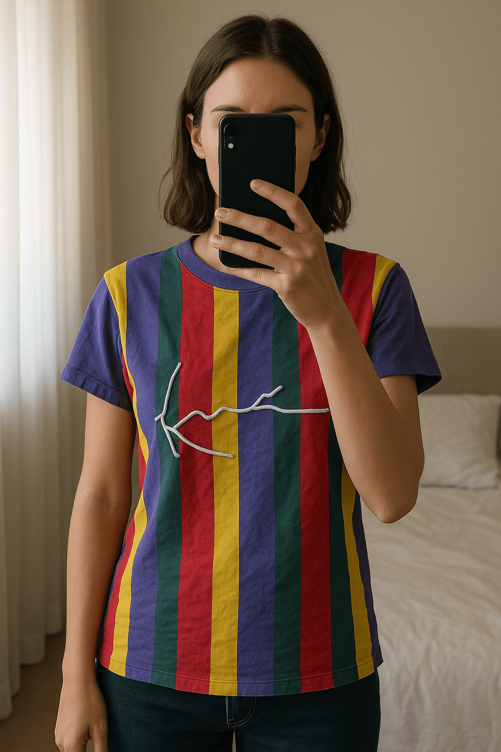 Karl Kani T-Shirt / y2k / JapanStyle / Gr. M aufrecht stehend, der Kamera zugewandt, in einem sanft beleuchteten Schlafzimmer, mit natürlichem Licht, das durch ein Fenster fällt.