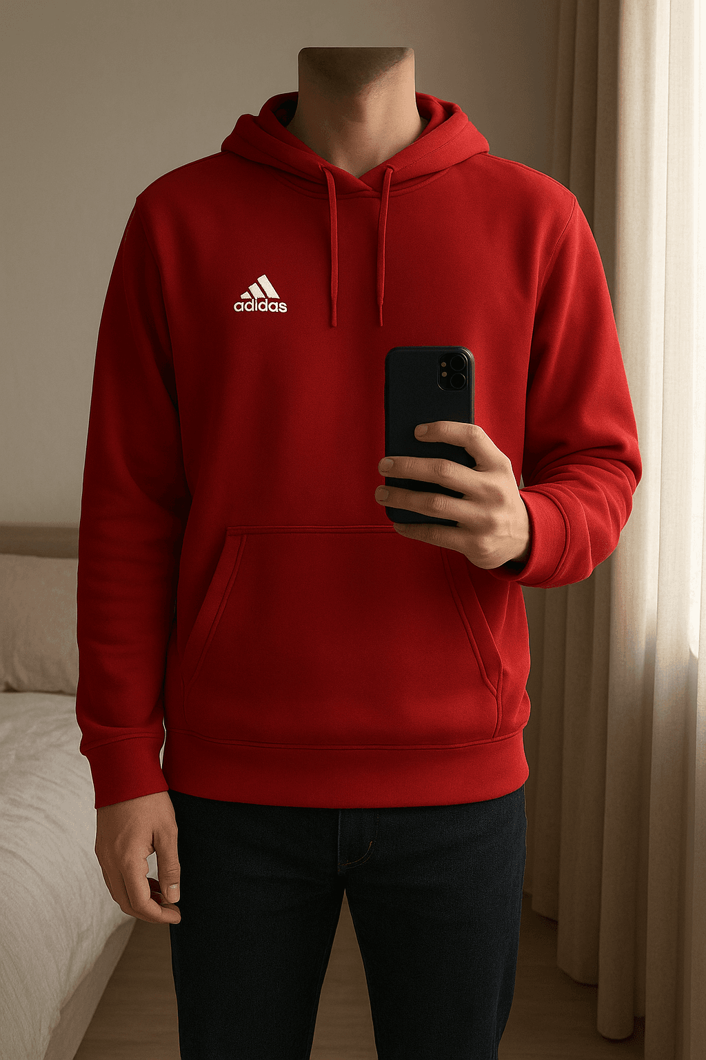 Sudadera adidas de pie, mirando a la cámara, en un dormitorio con luz suave y natural filtrándose por la ventana.