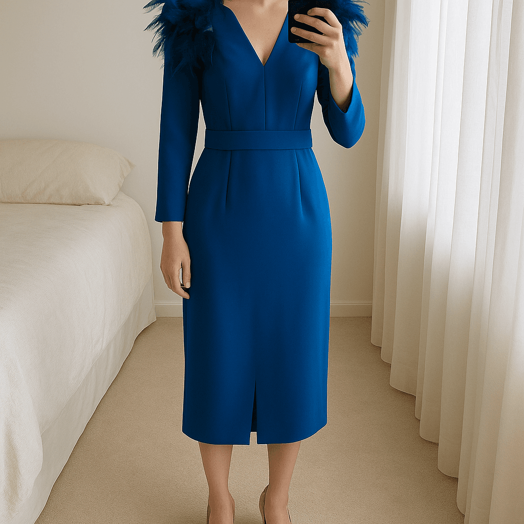 Una persona con Vestidos plumas en el hombro Marisol de pie, mirando a la cámara, en un dormitorio con luz suave y natural filtrándose por la ventana.