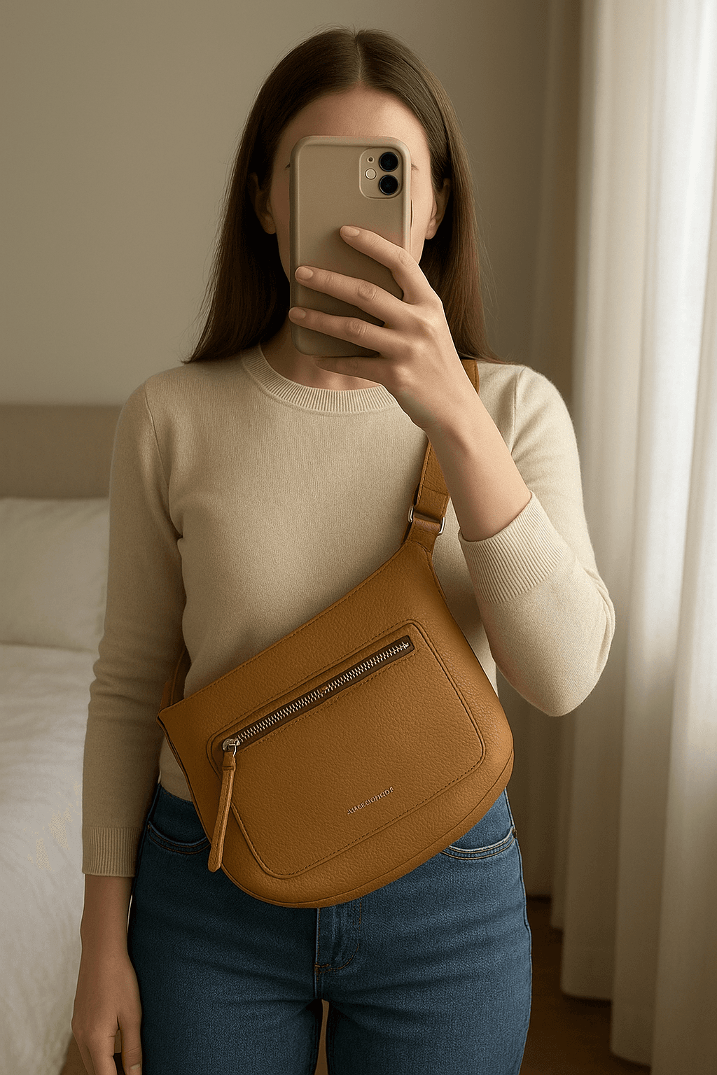 Petit sac Lancaster aufrecht stehend, der Kamera zugewandt, in einem sanft beleuchteten Schlafzimmer, mit natürlichem Licht, das durch ein Fenster fällt.