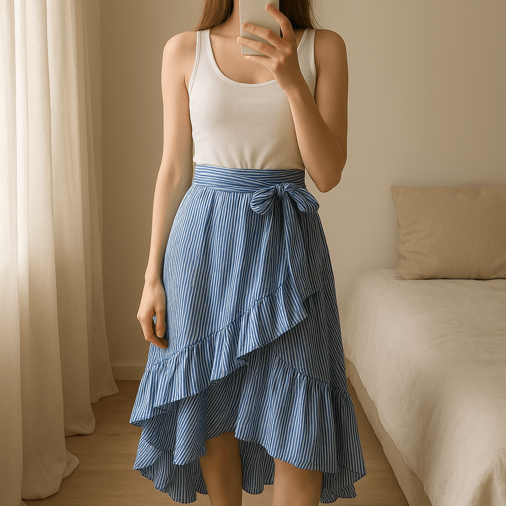 Una persona con Falda asimetríca rayas de pie, mirando a la cámara, en un dormitorio con luz suave y natural filtrándose por la ventana.