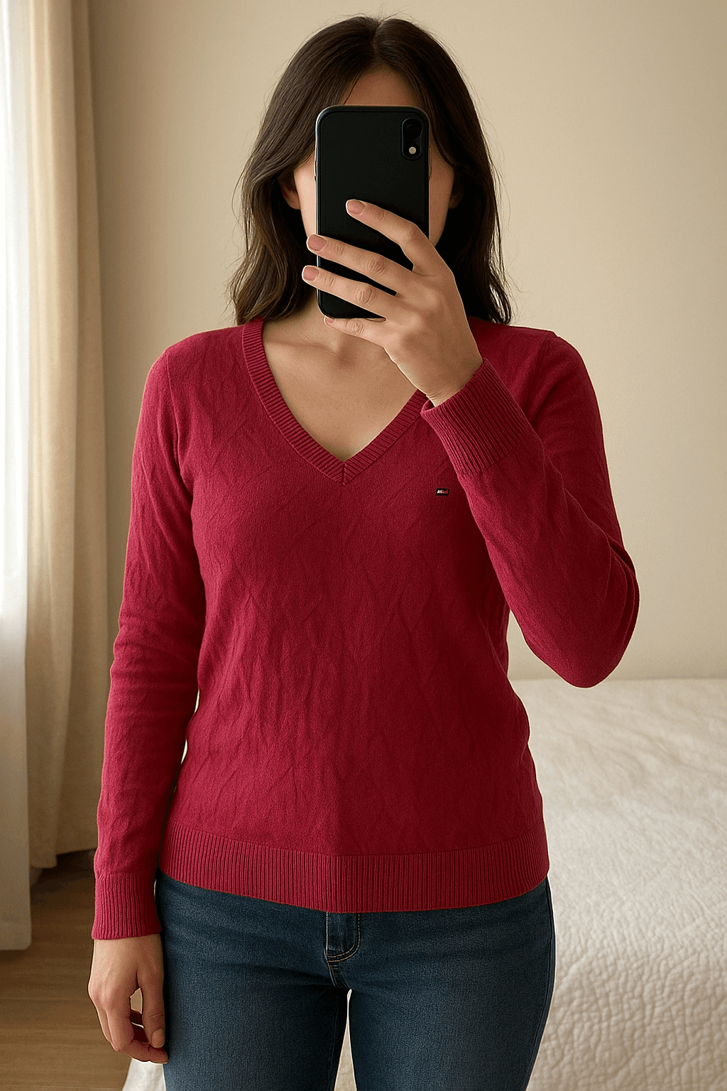 Tommy Hilfiger jumper de pie, mirando a la cámara, en un dormitorio con luz suave y natural filtrándose por la ventana.