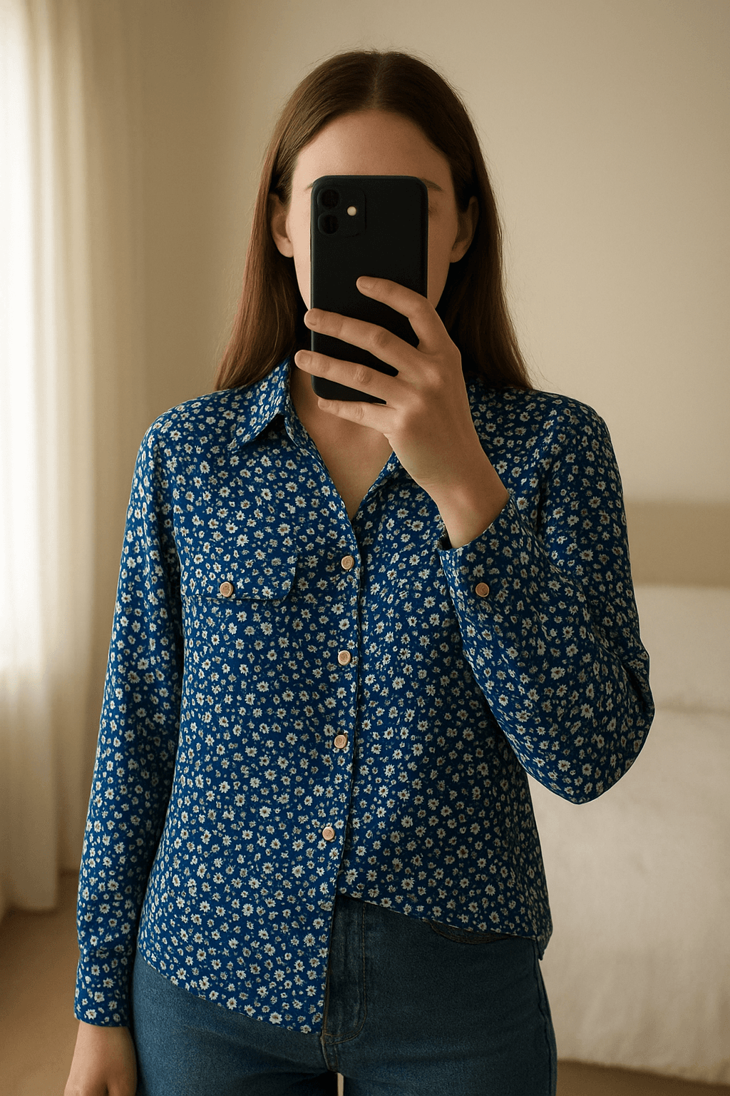 Jolie chemise Ycoo Taille M aufrecht stehend, der Kamera zugewandt, in einem sanft beleuchteten Schlafzimmer, mit natürlichem Licht, das durch ein Fenster fällt.