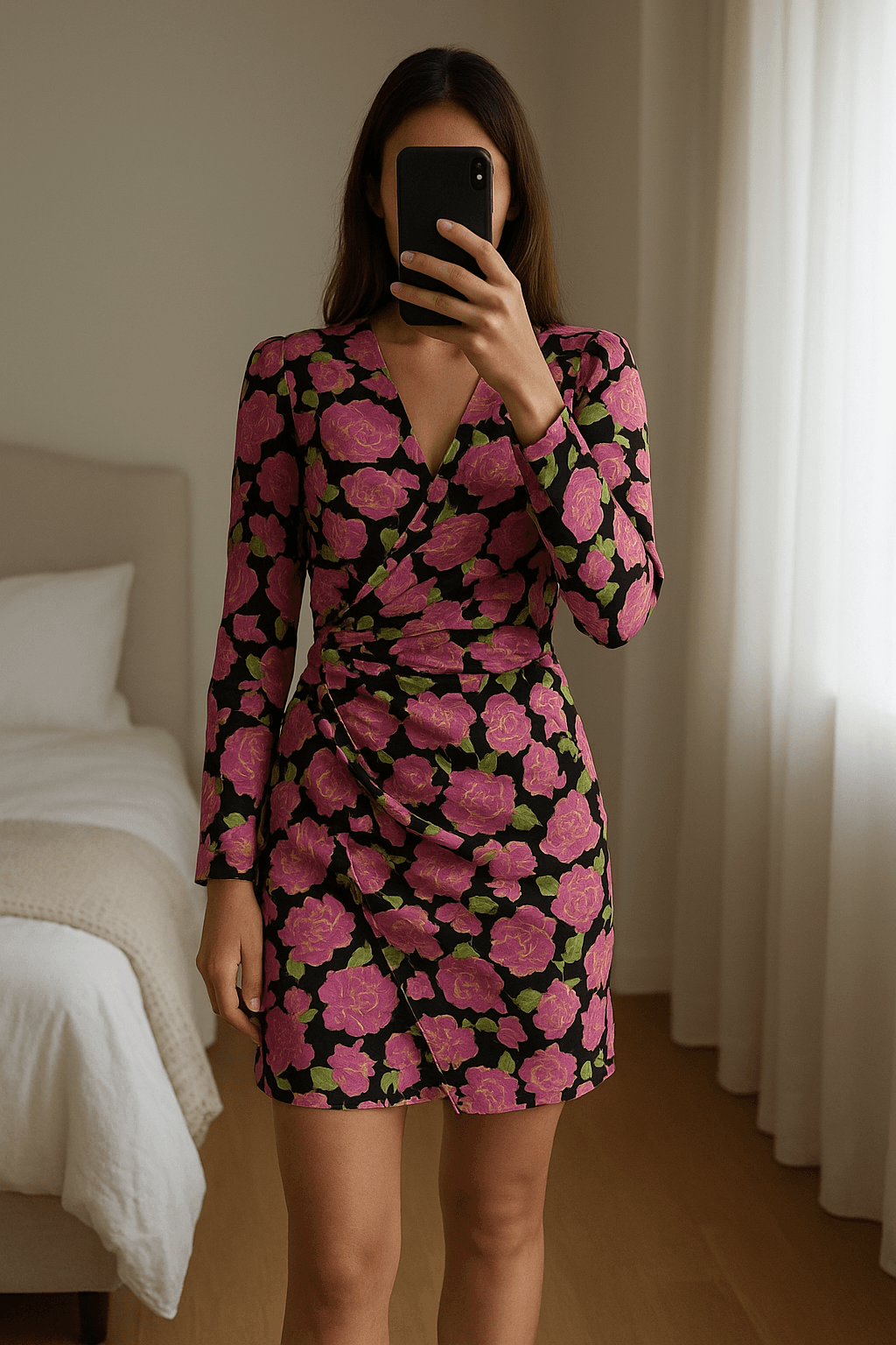 Zara vestido nuevo corto fiesta rosa fucsia de pie, mirando a la cámara, en un dormitorio con luz suave y natural filtrándose por la ventana.