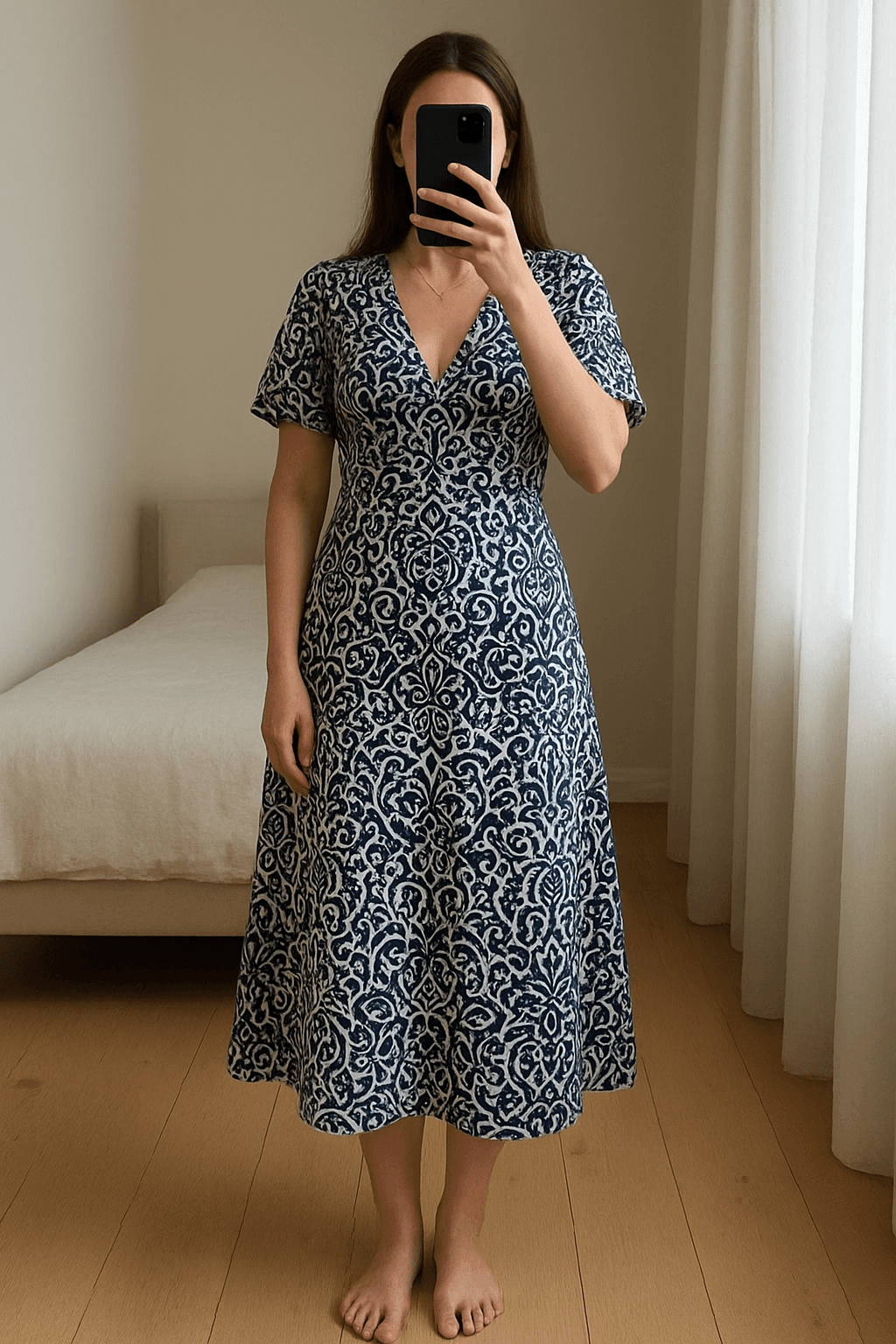 vestido largo 38 Blanco azul robe de pie, mirando a la cámara, en un dormitorio con luz suave y natural filtrándose por la ventana.