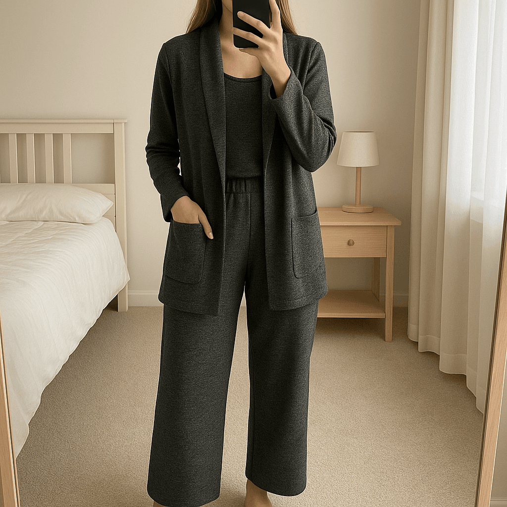 Una persona con Traje chaqueta jaspeado Zara de pie, mirando a la cámara, con tipo de cuerpo delgado, en un dormitorio con luz suave y natural filtrándose por la ventana.