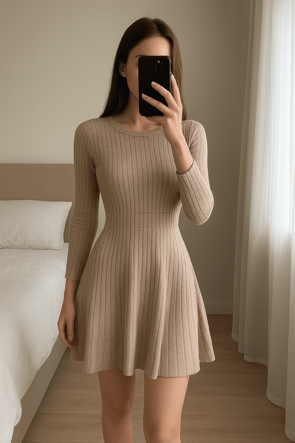 Una persona con Vestido beige invierno arqueando ligeramente la espalda para una pose dinámica, con tipo de cuerpo delgado, en un dormitorio con luz suave y natural filtrándose por la ventana.