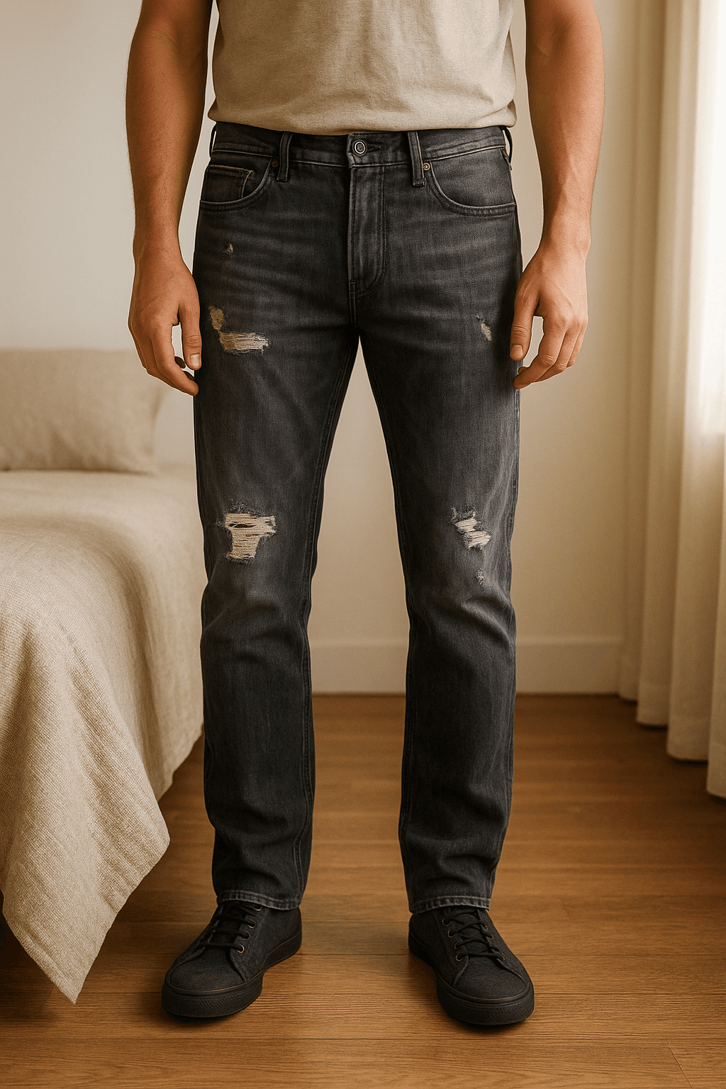 Replay Jeans Herren 31/30 Denim Slim Fit Desianer Marken Jeans Hose aufrecht stehend, der Kamera zugewandt, in einem sanft beleuchteten Schlafzimmer, mit natürlichem Licht, das durch ein Fenster fällt.