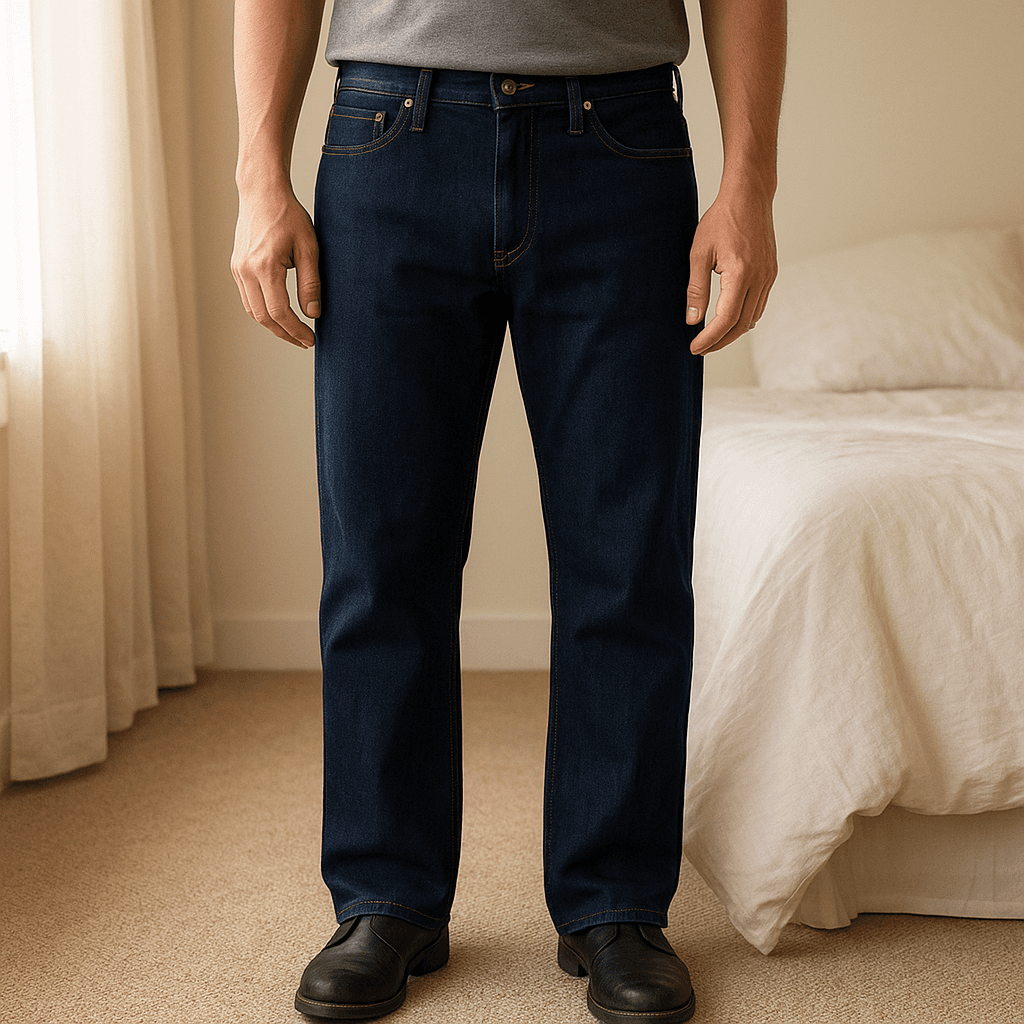 Marks and Spencer jeans de pie, mirando a la cámara, en un dormitorio con luz suave y natural filtrándose por la ventana.