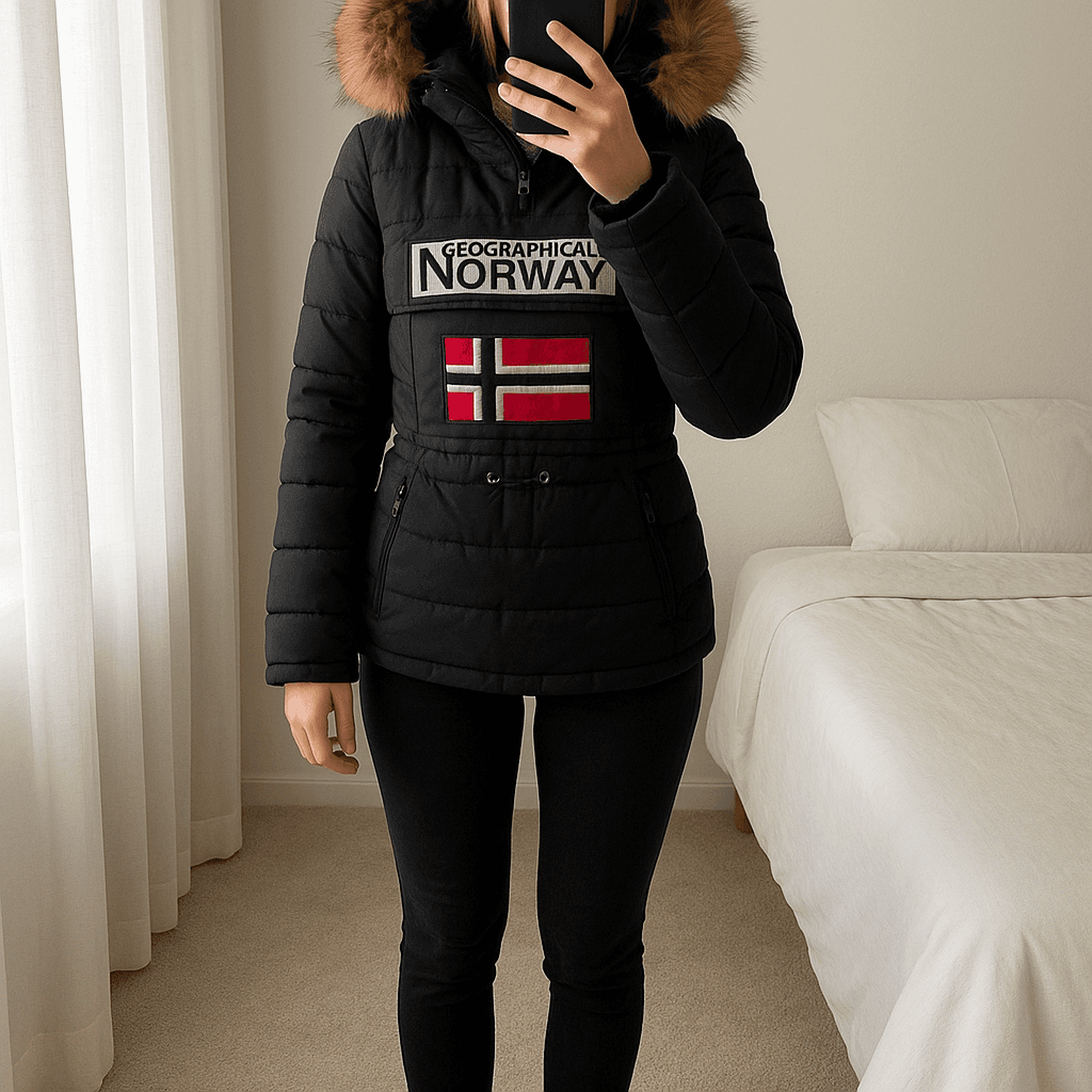 Una persona con Abrigo canguro norway de pie, mirando a la cámara, con tipo de cuerpo delgado, en un dormitorio con luz suave y natural filtrándose por la ventana.